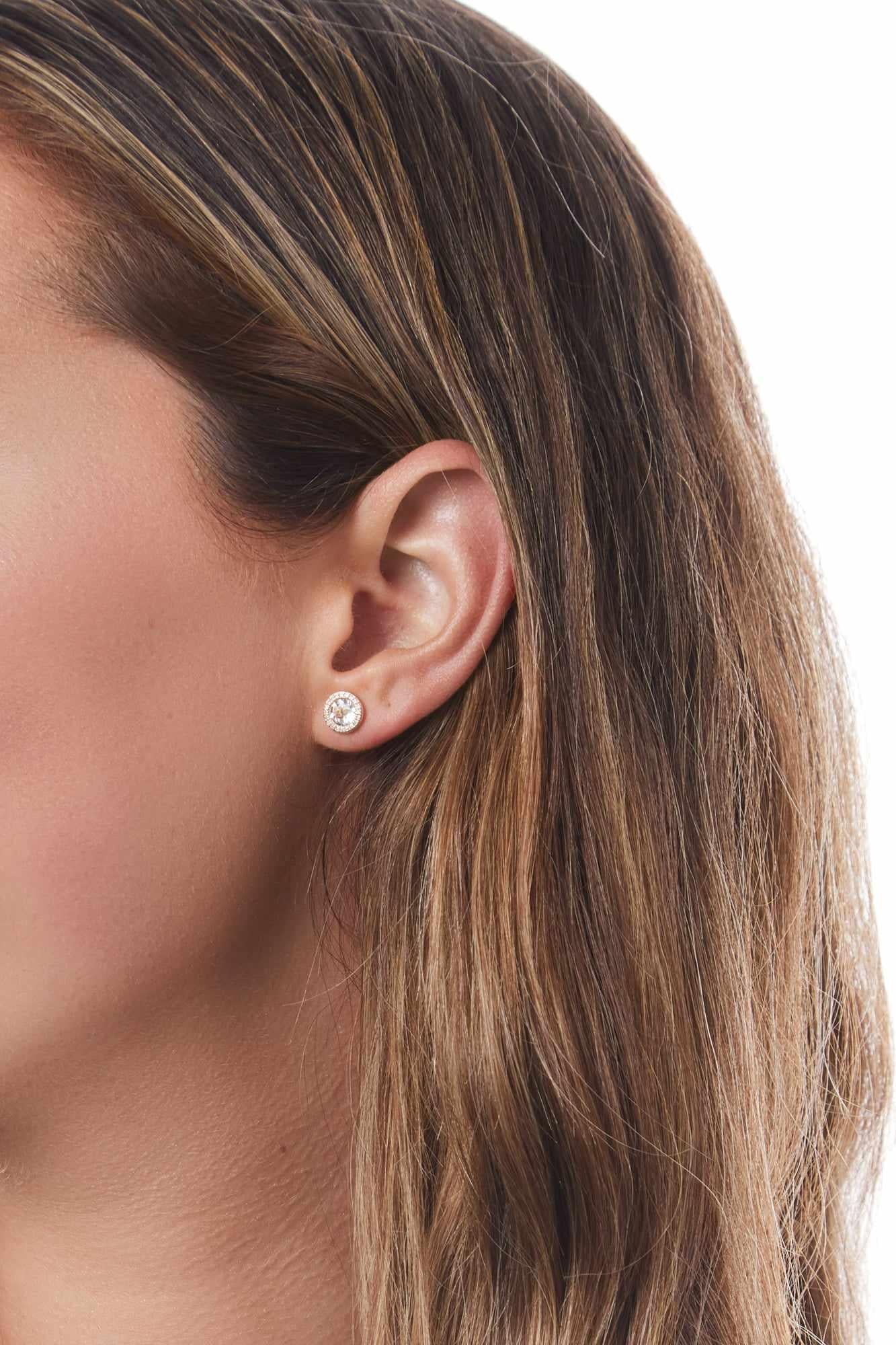 14KY Gold Diamond Halo with White Topaz Center Earrings