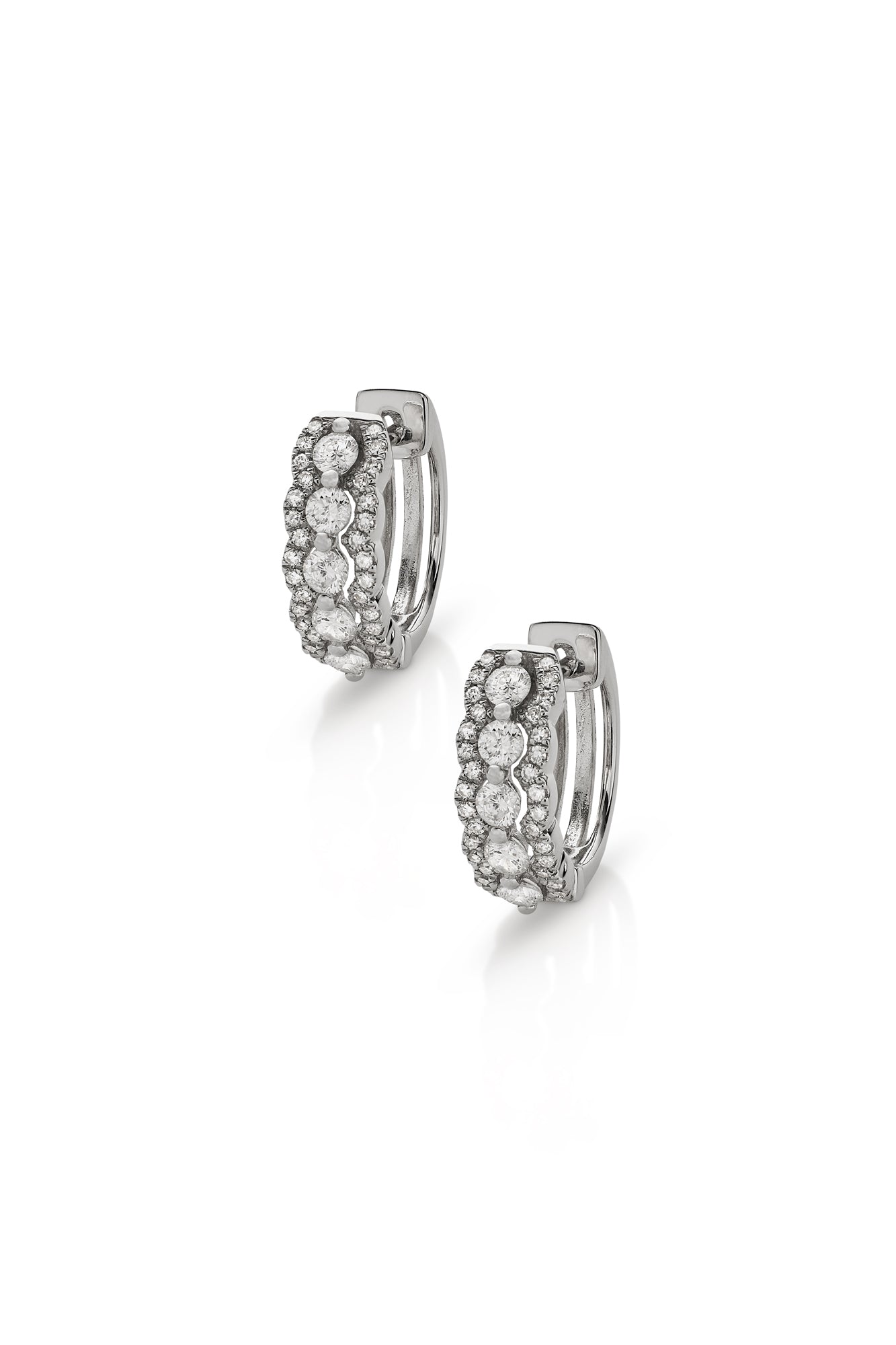 14K White Gold Scalloped Diamond Huggies