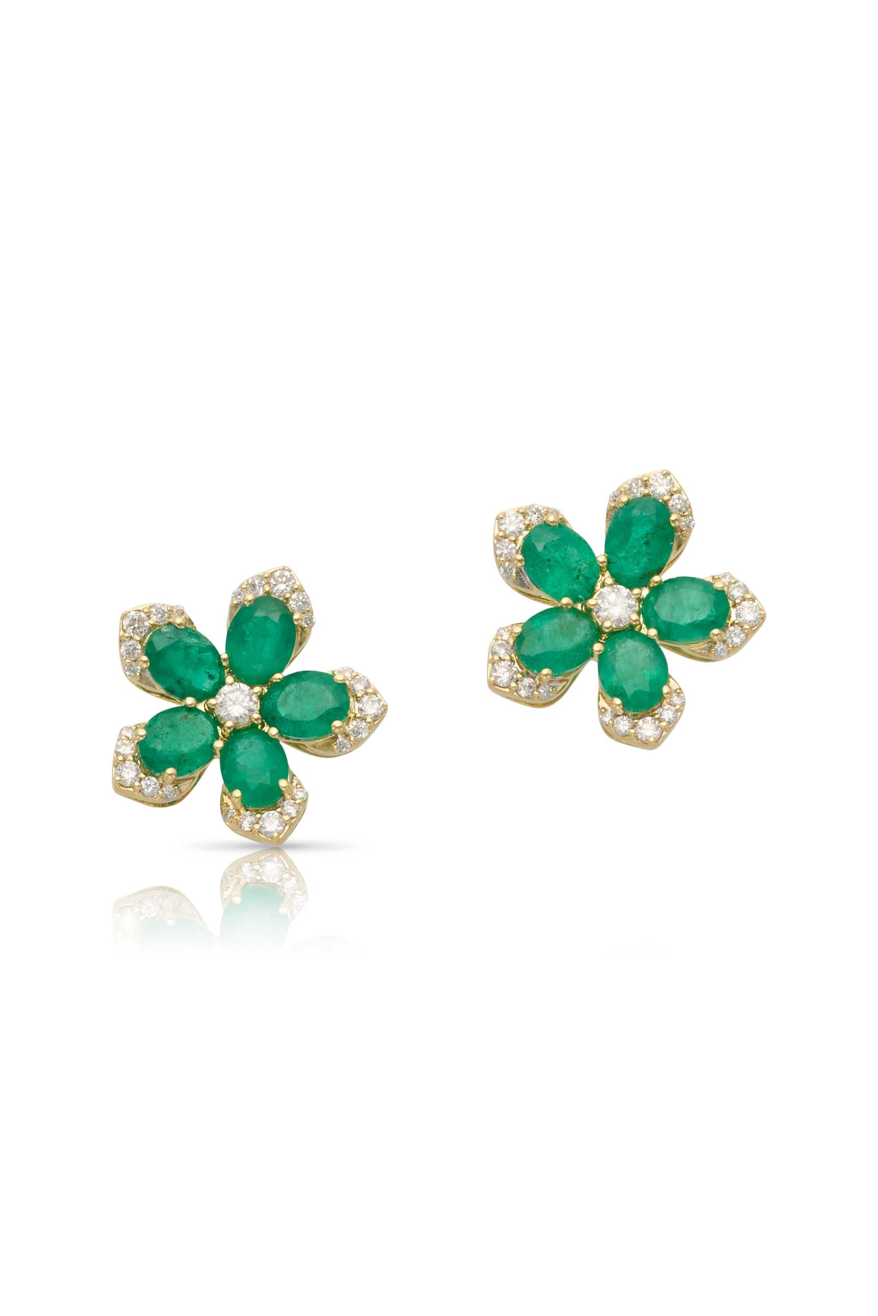 14KY Emerald and Diamond Flower Studs