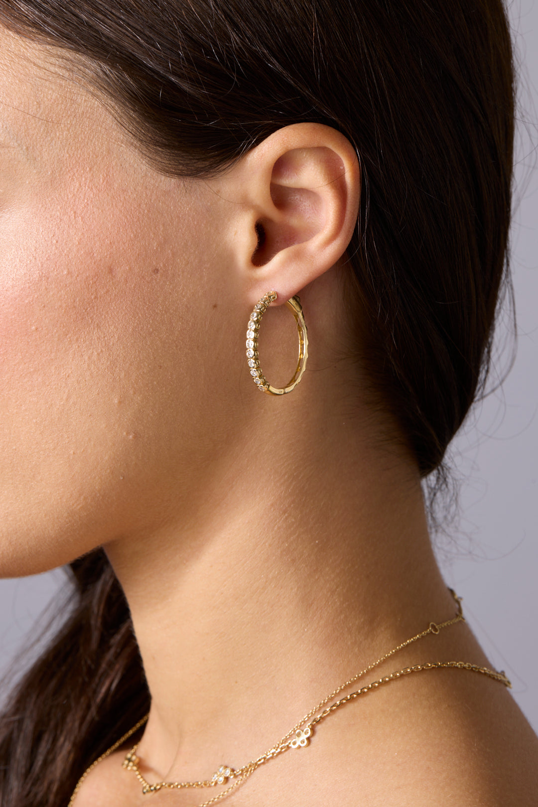 14KY Bezel Diamond Oval Hoops