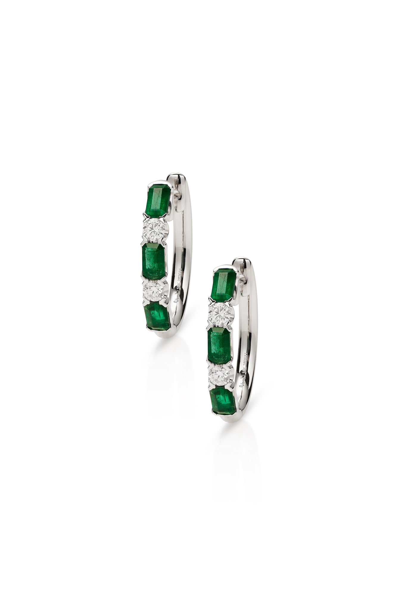 18K White Gold Emerald Cut Emerald and Round Diamond Hoops
