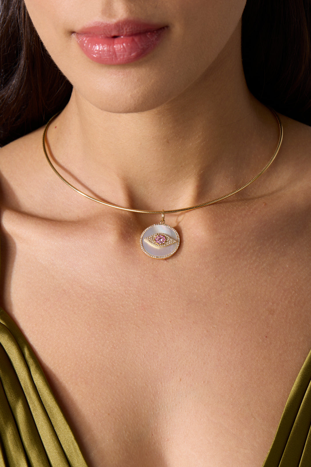 14KY Mother of Pearl and  Pink Sapphire Evil Eye Disc