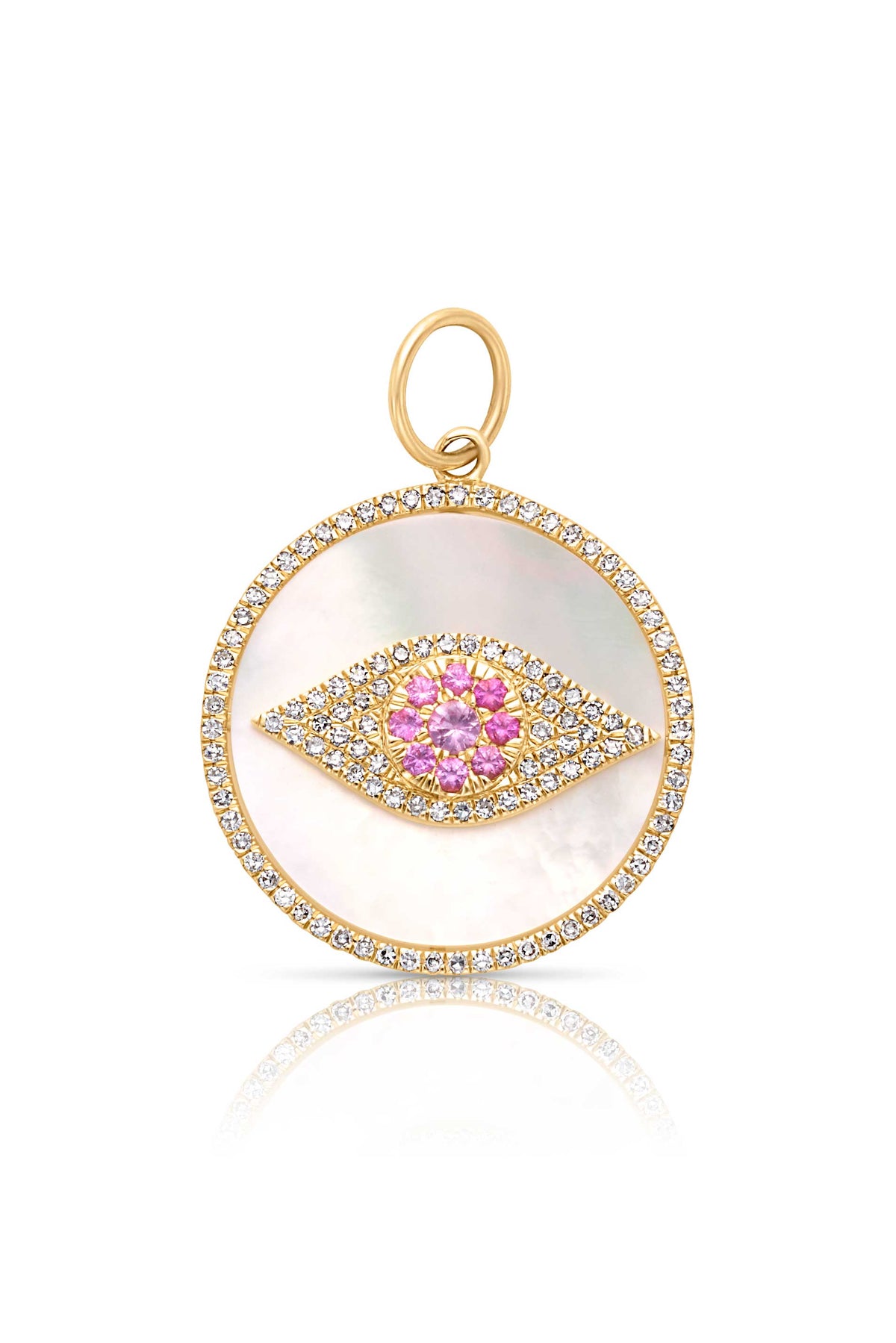 14KY Mother of Pearl and  Pink Sapphire Evil Eye Disc