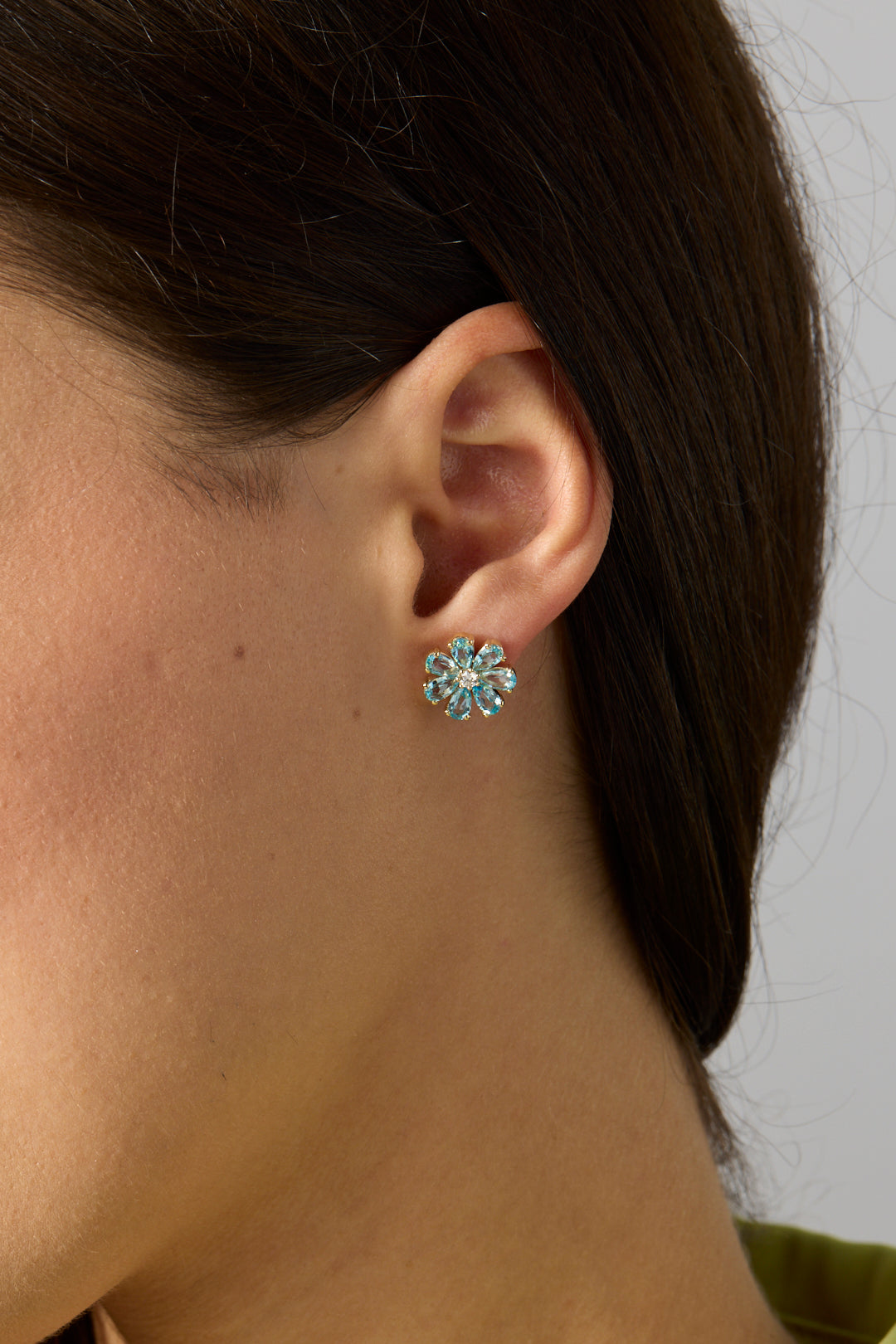 14KY Blue Topaz and Diamond Flower Studs