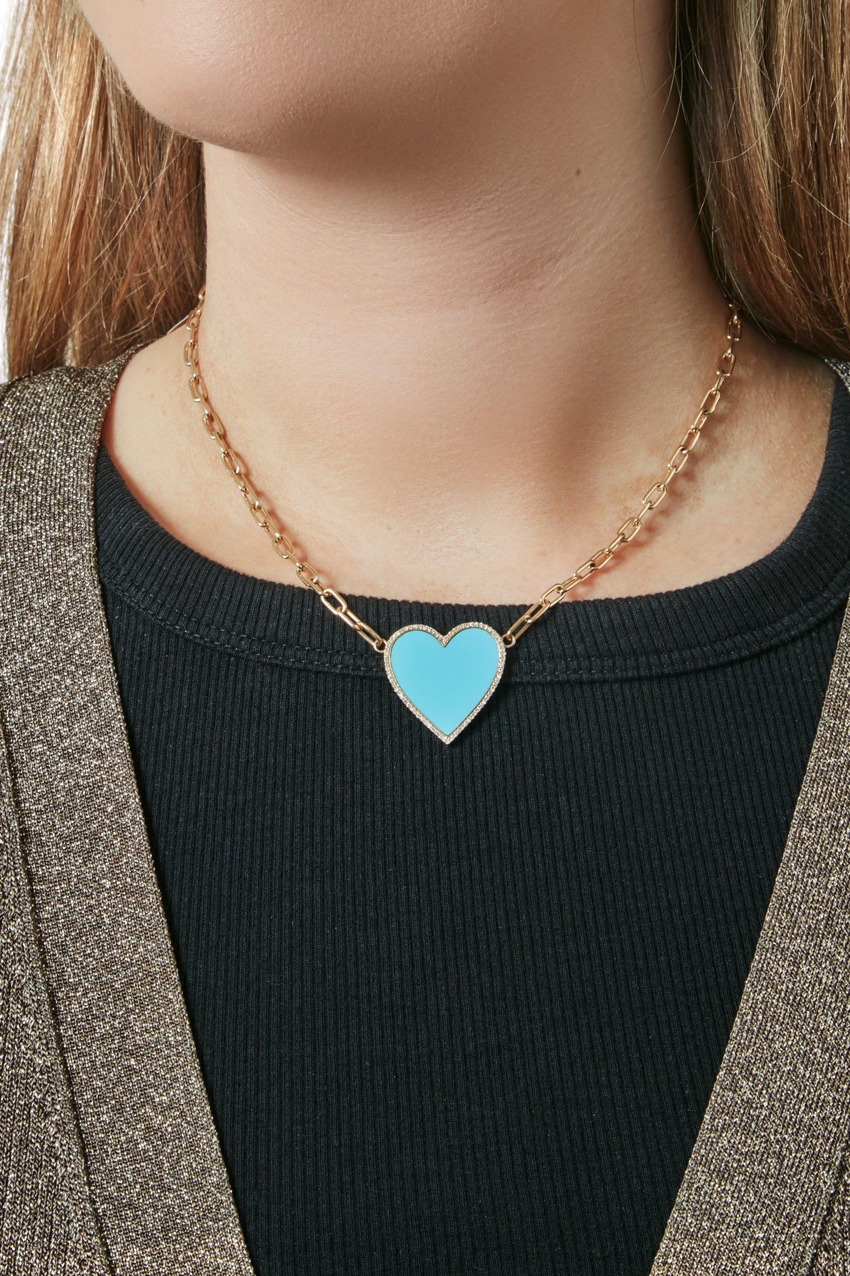 14KY Turquoise and Diamond Heart on Link Chain