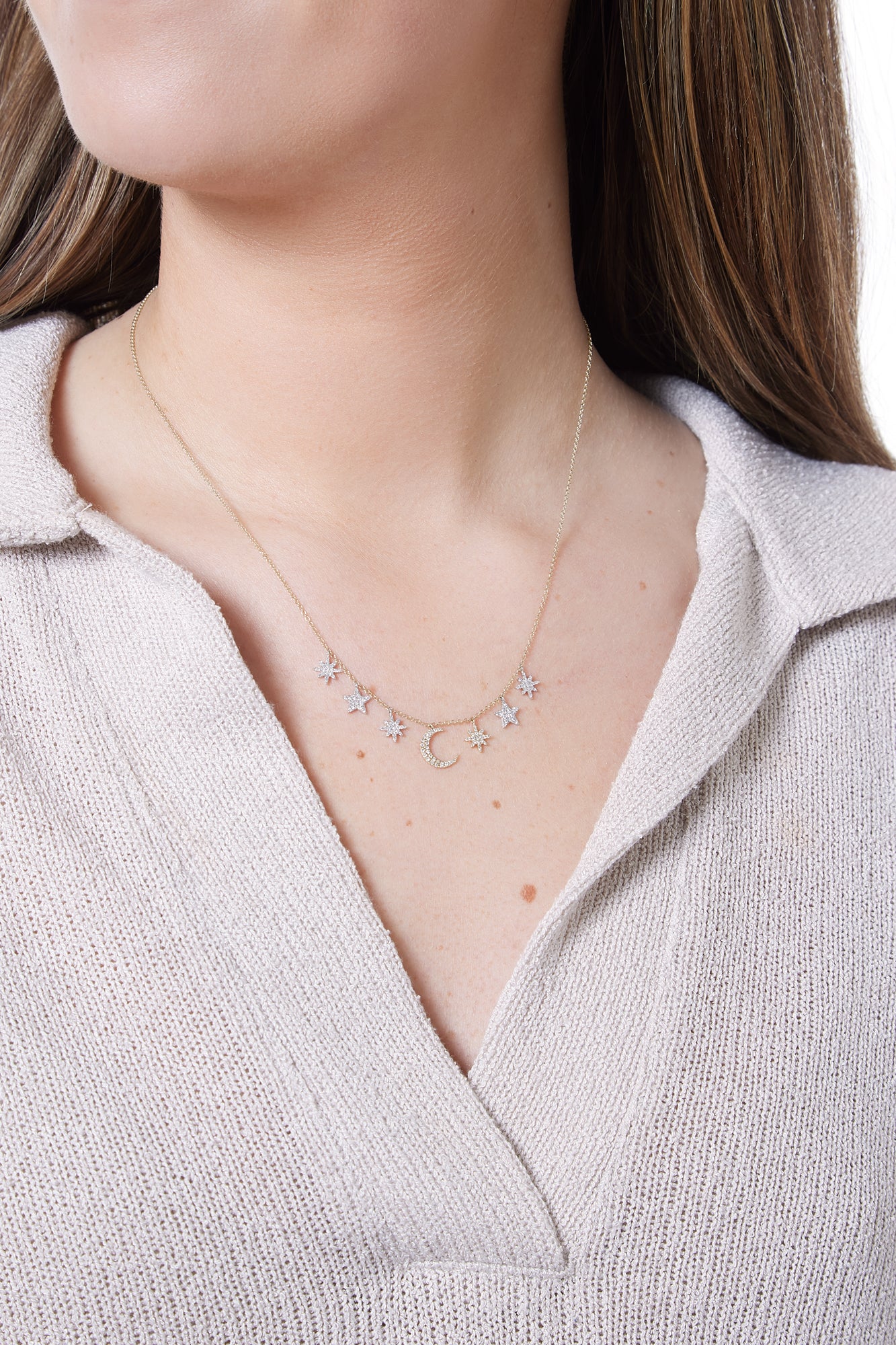 14KY Pave Crescent Moon and Stars Necklace