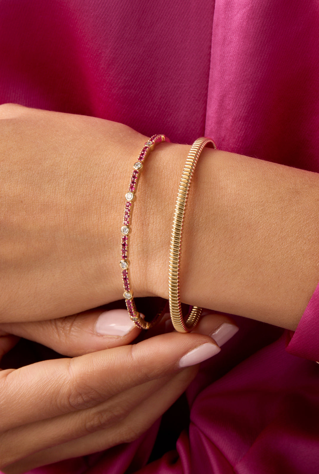 14KY Ruby and Bezel Diamond Flex Bangle