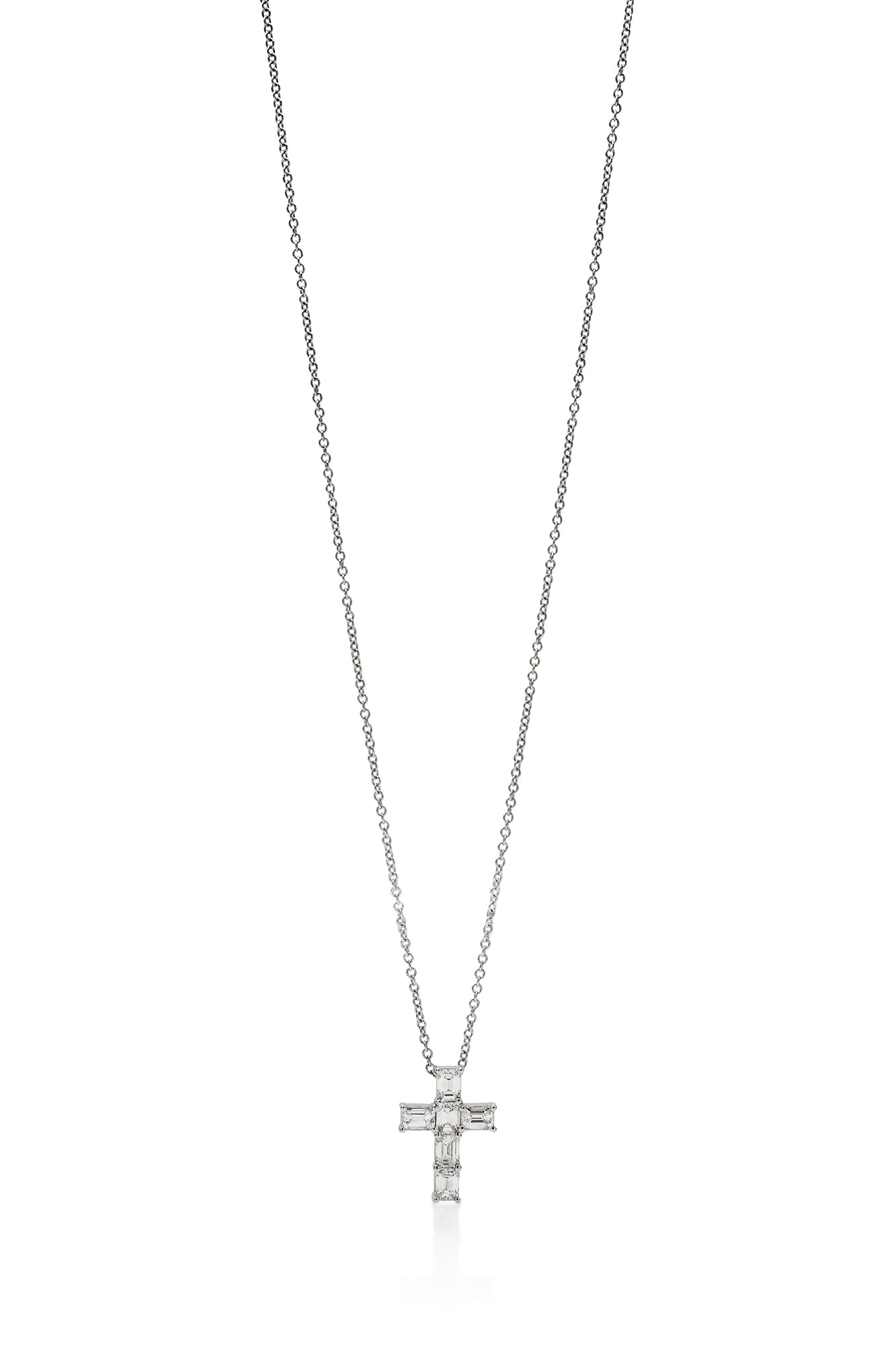 18KW Emerald Cut Diamond Cross Necklace