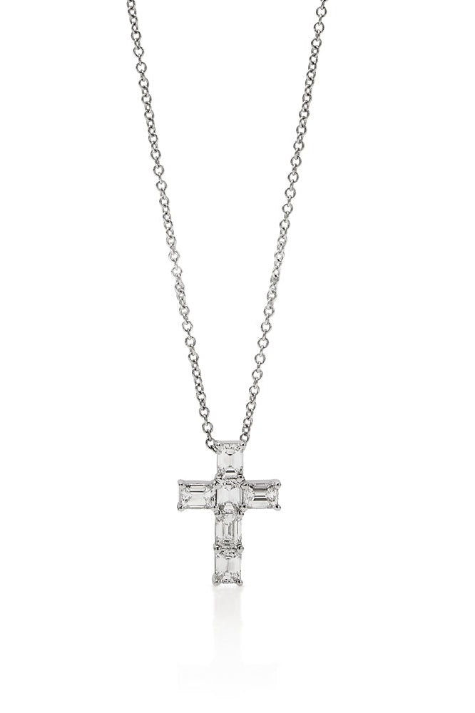 18KW Emerald Cut Diamond Cross Necklace