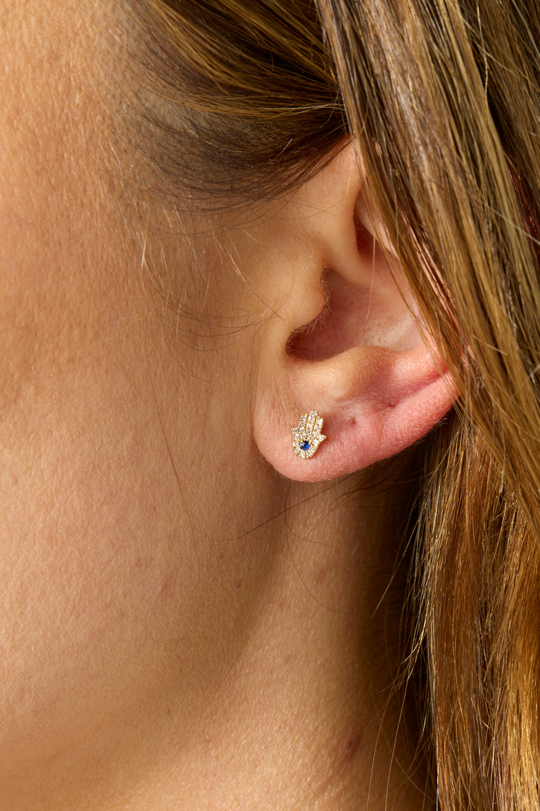 14KY Diamond and Blue Sapphire Hamsa Studs