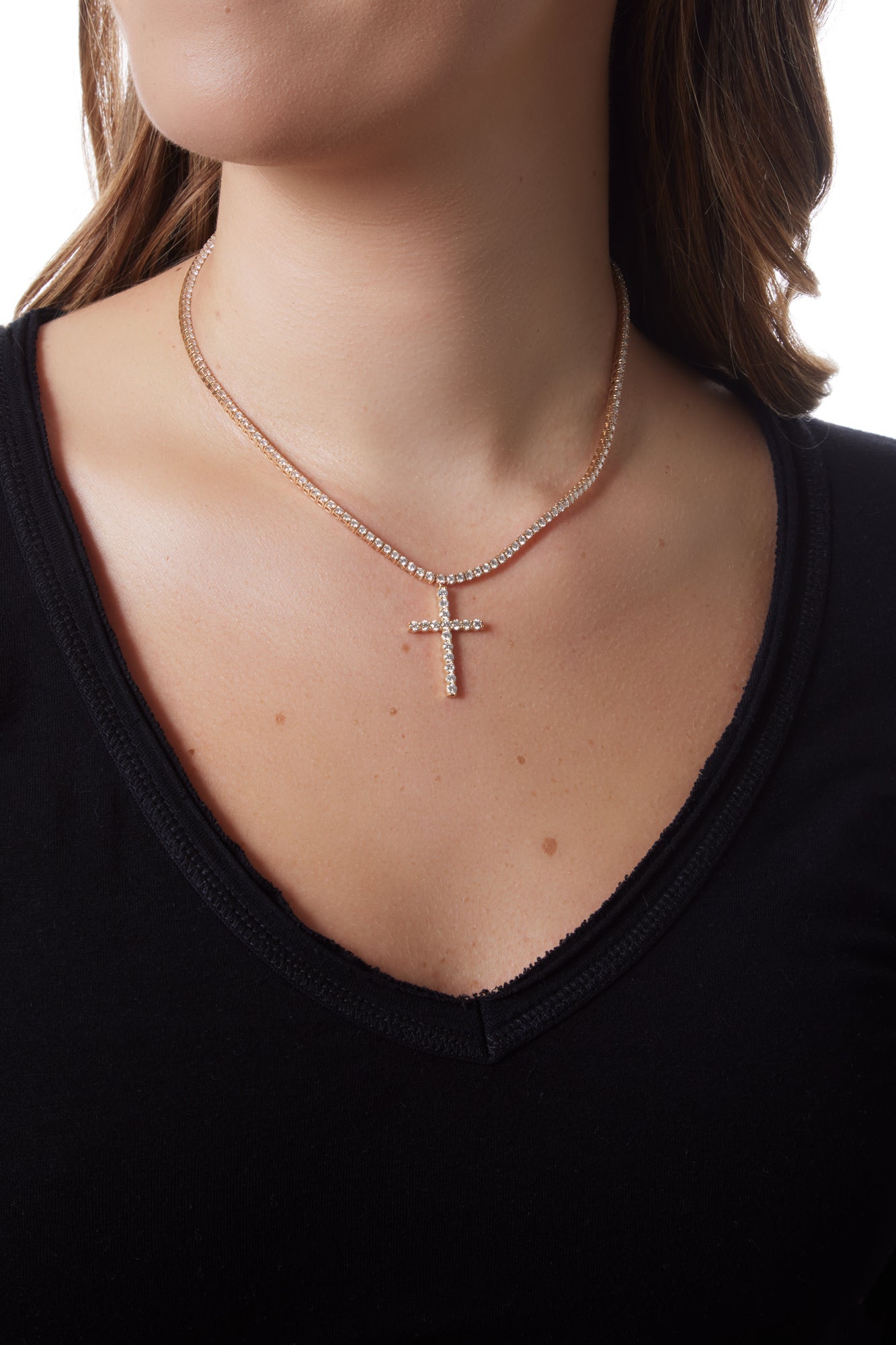 14KY Diamond Tennis Necklace with Diamond Cross