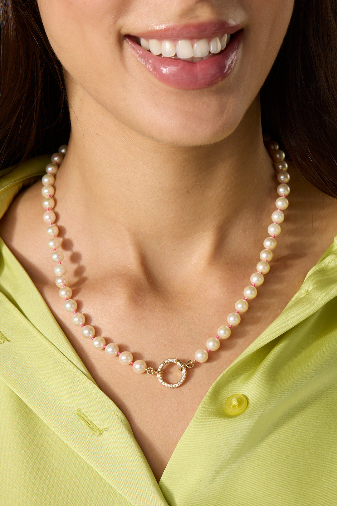 14KY Pink Knotted Pearl Necklace with Diamond Clasp