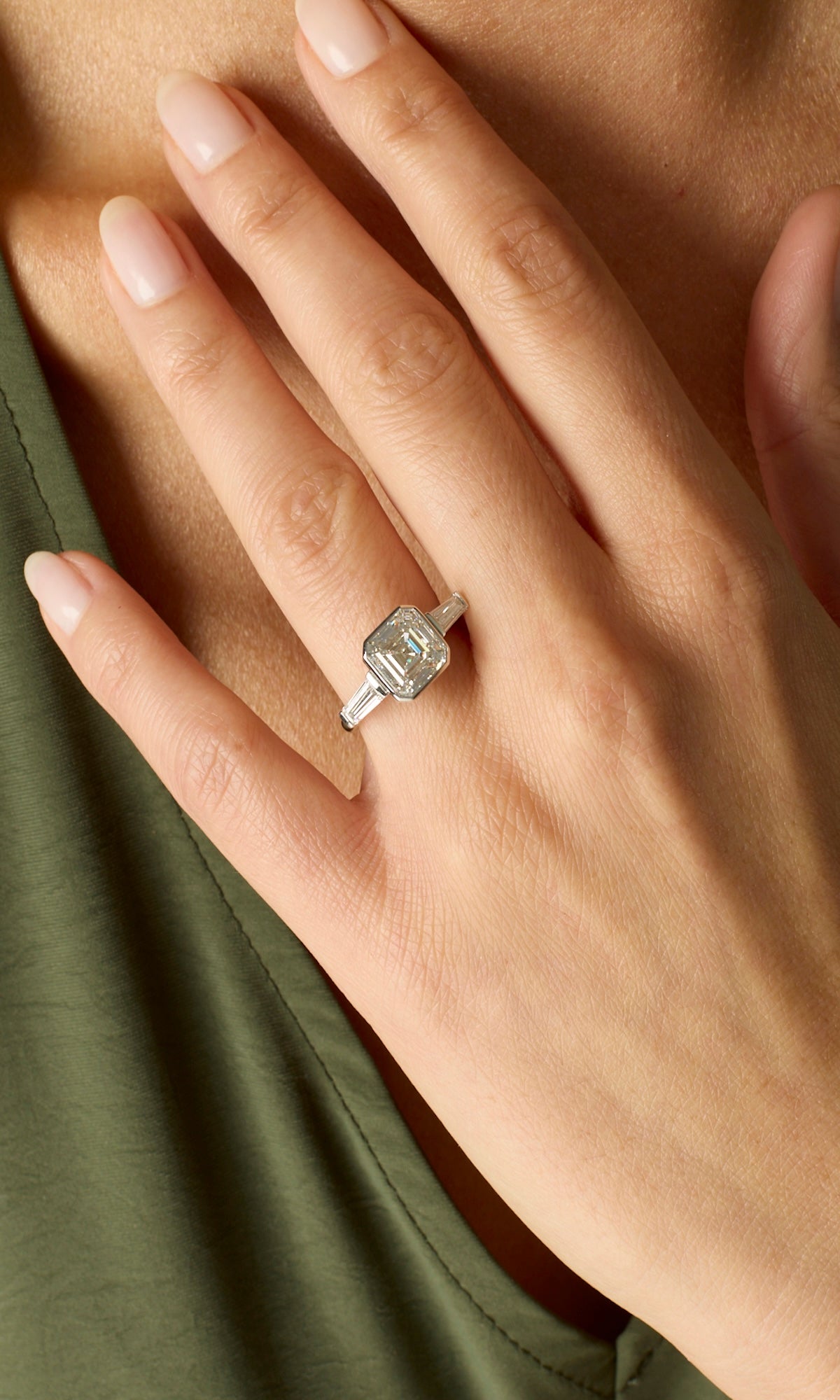 3.36CT Asscher Cut Three Stone Engagement Ring With Tapered Baguette Side Stones