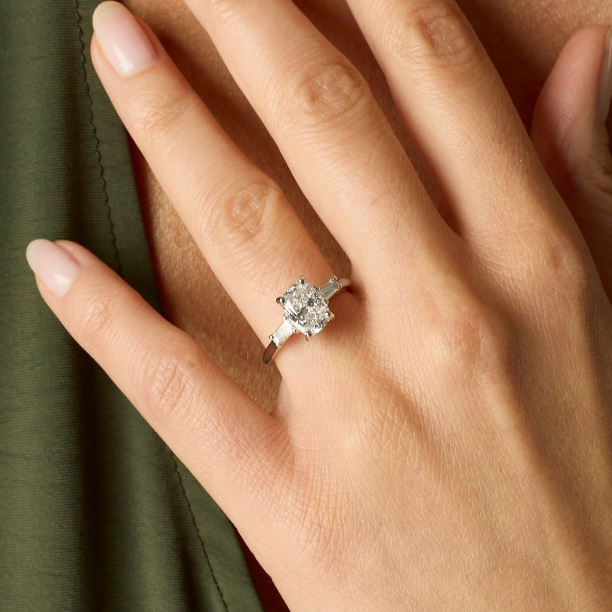 1.70CT Elongated Cushion Cut Three Stone Engagement Ring With Tapered Baguette Side Stones