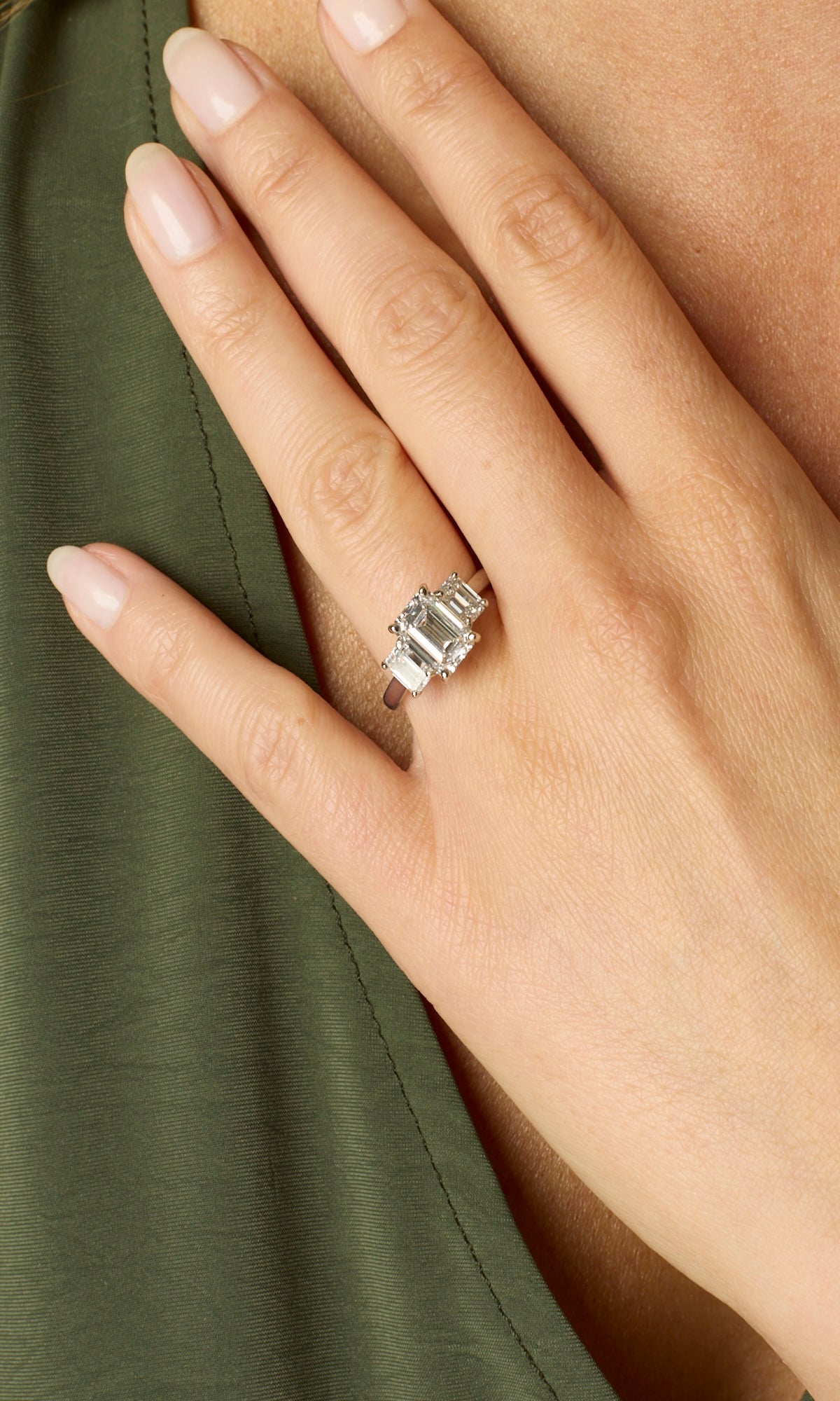 2.55CT Emerald Cut Three Stone Engagement Ring With Emerald Side Stones