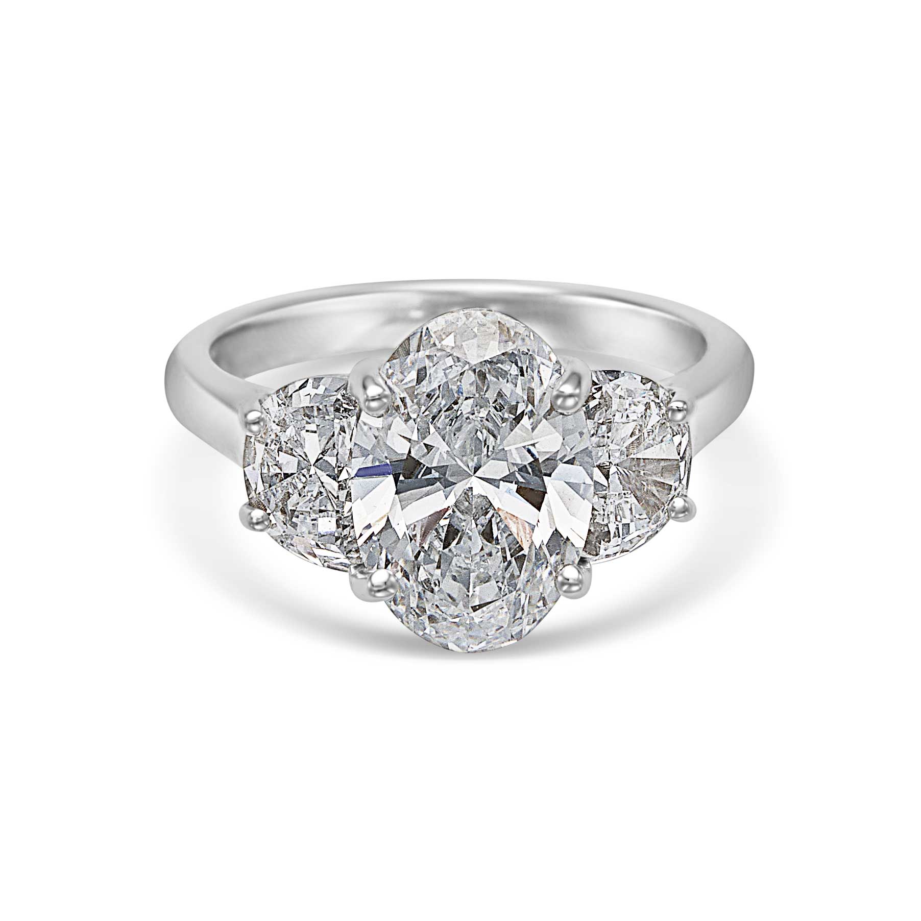 3.01CT Oval Cut Three Stone Engagement Ring With Half Moon Side Stones