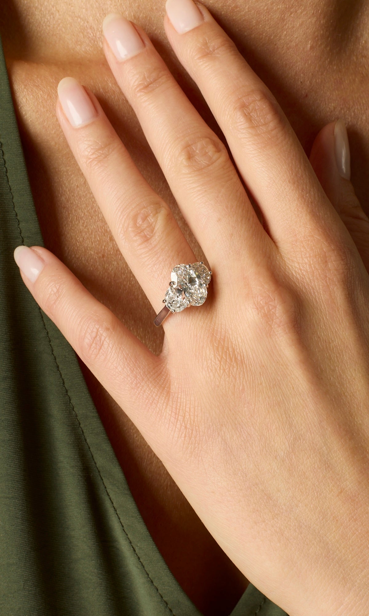 3.01CT Oval Cut Three Stone Engagement Ring With Half Moon Side Stones