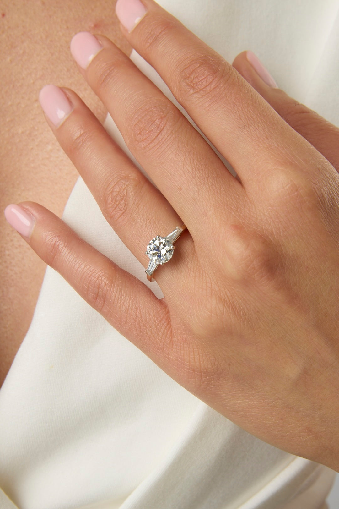 1.50CT Round Brilliant Cut Three Stone Engagement Ring With Tapered Baguette Side Stones