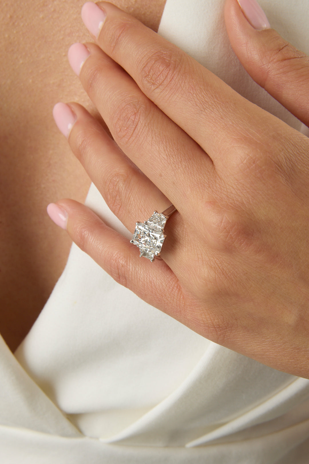 3.03CT Radiant Cut Three Stone Engagement Ring With Trapezoid Side Stones