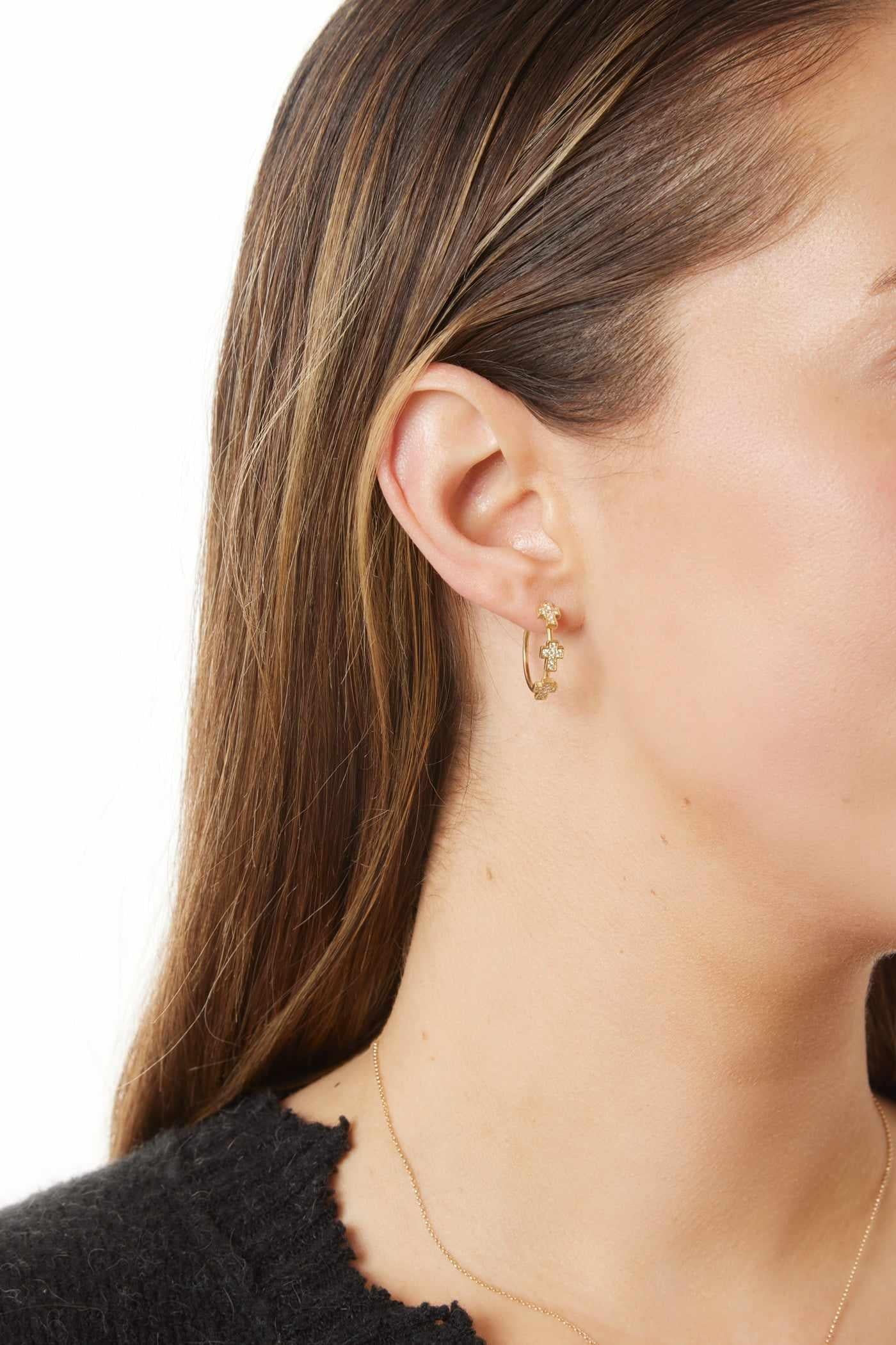 18KY Small Hoops with Station Crosses