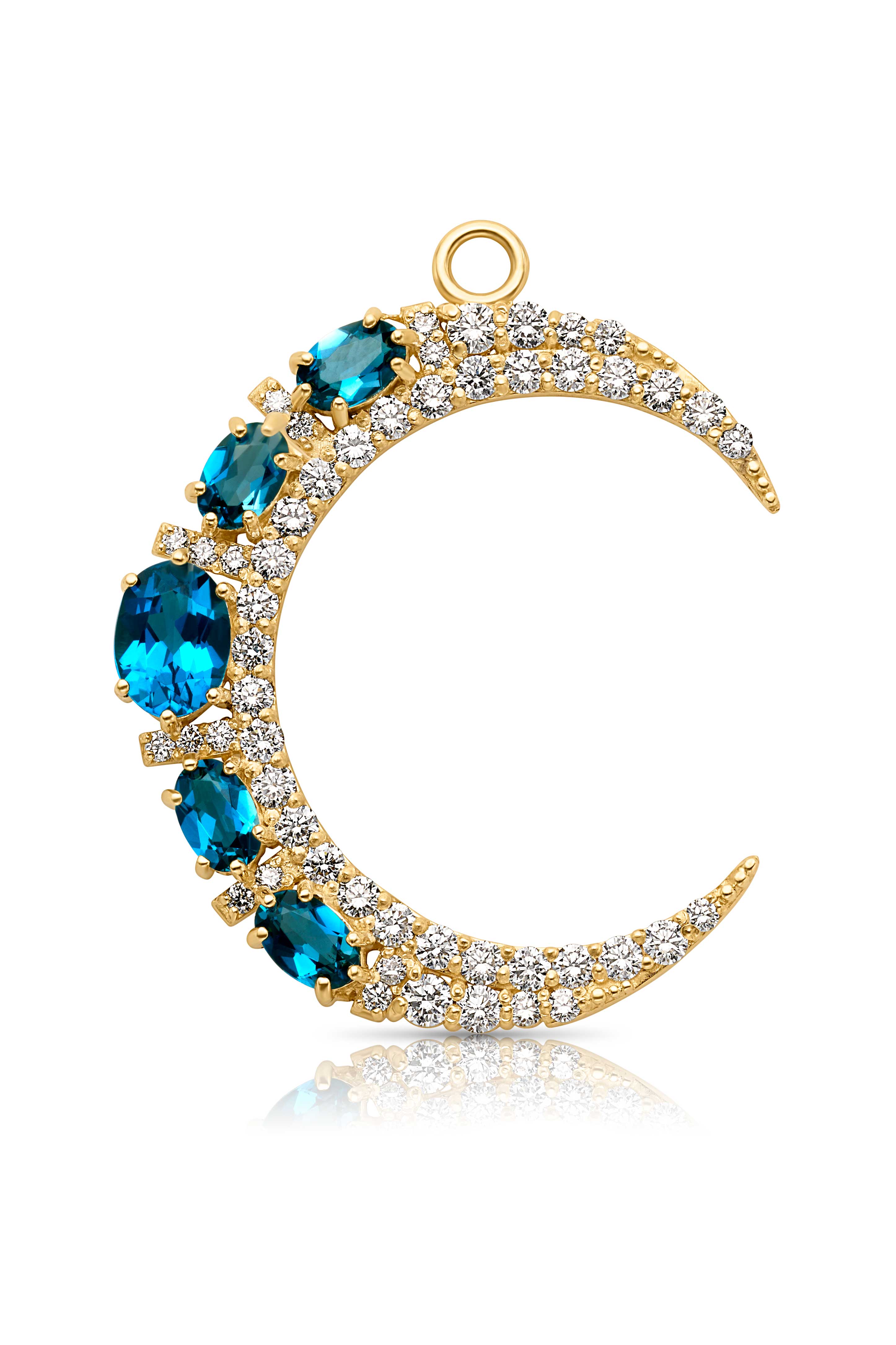 18KY Large Crescent Moon with London Blue Topaz