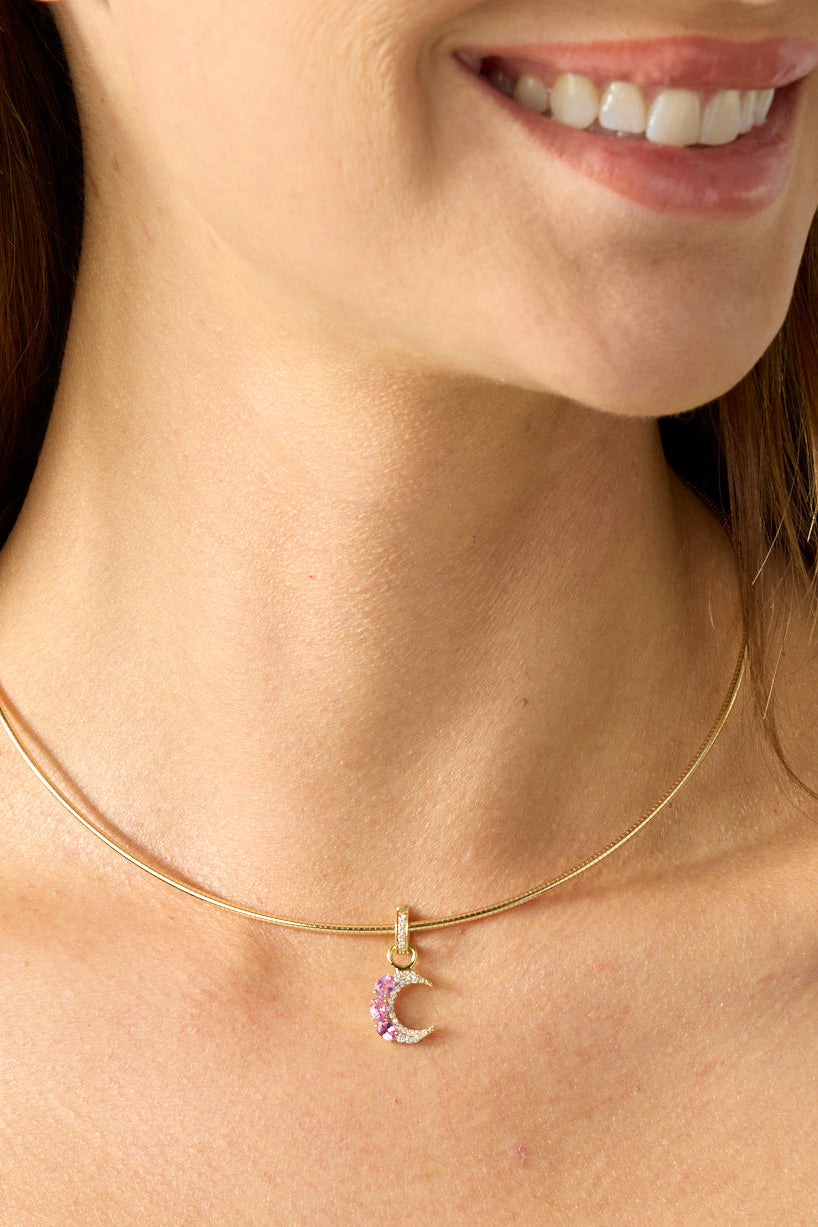 18KY Small Crescent Moon with Pink Sapphire