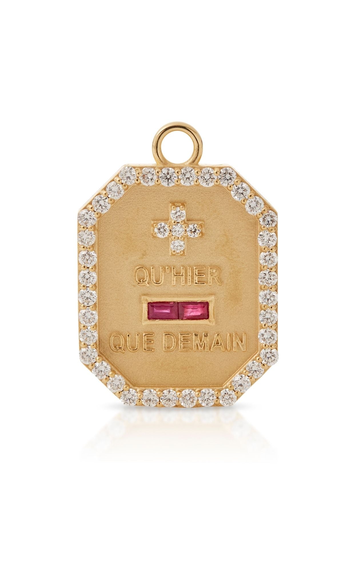 18KY Que Demain Love Token Dogtag with Pave Halo