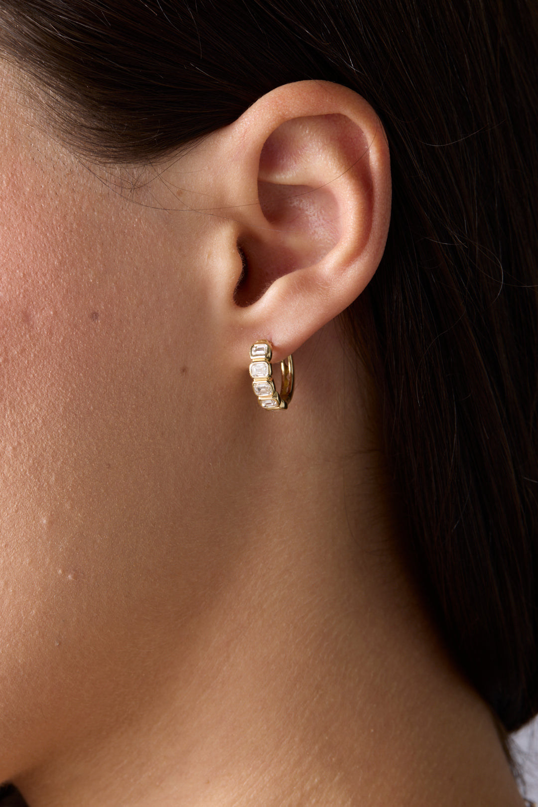 14KY Emerald Cut Diamond Bezel Set Huggies