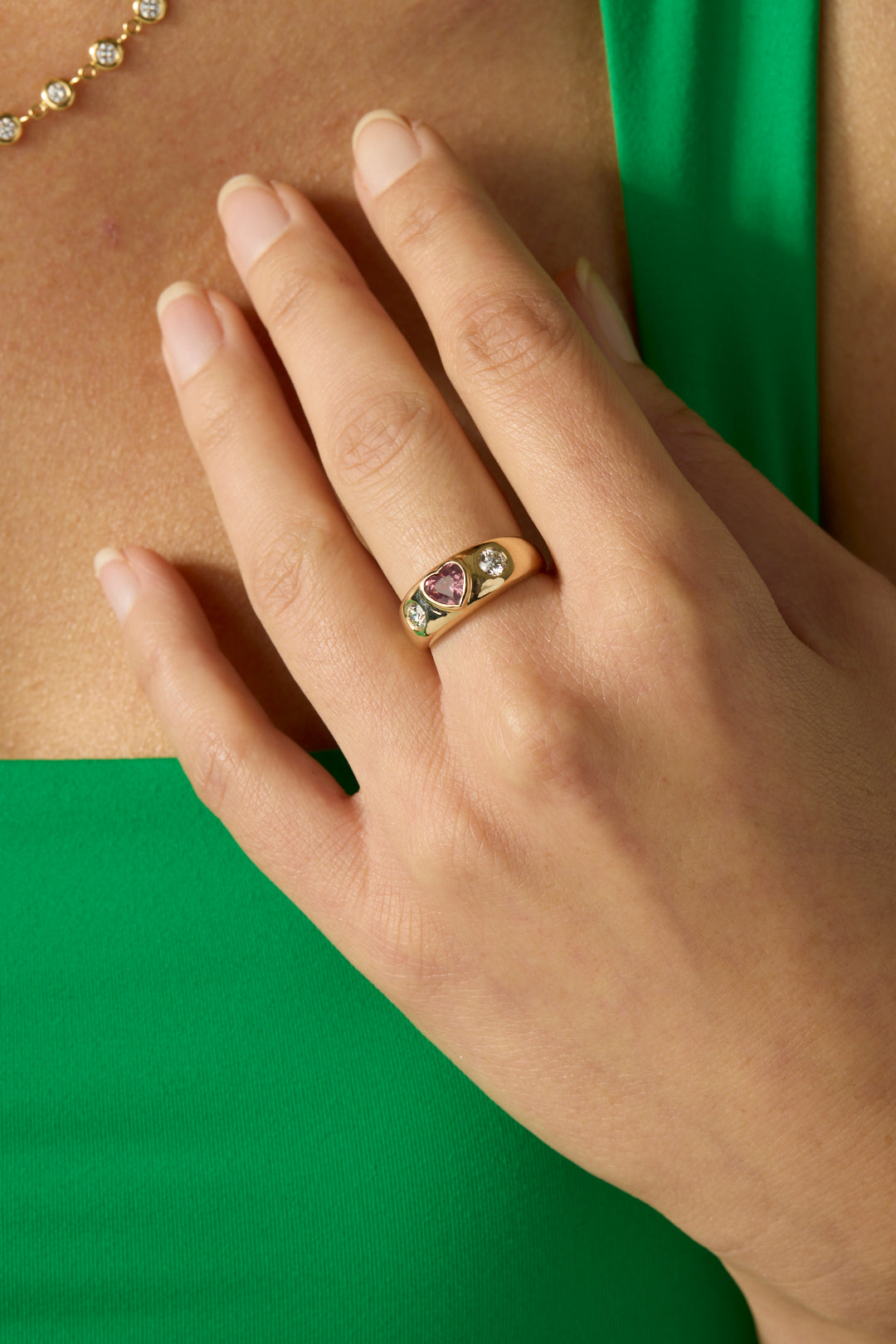14KY Pink Spinel Heart with Diamonds Gypsy Ring