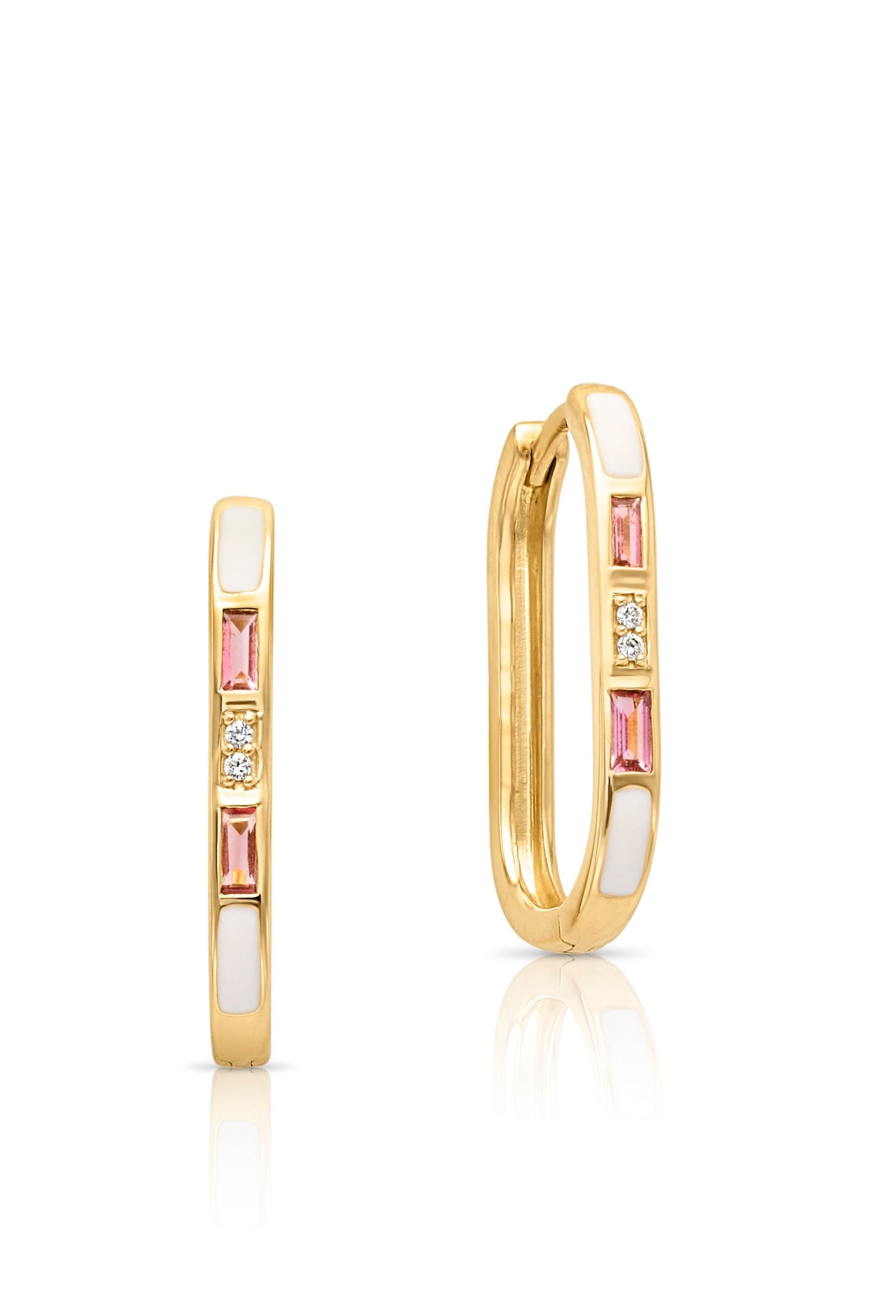 14KY Enamel and Pink Tourmaline Baguette Hoops