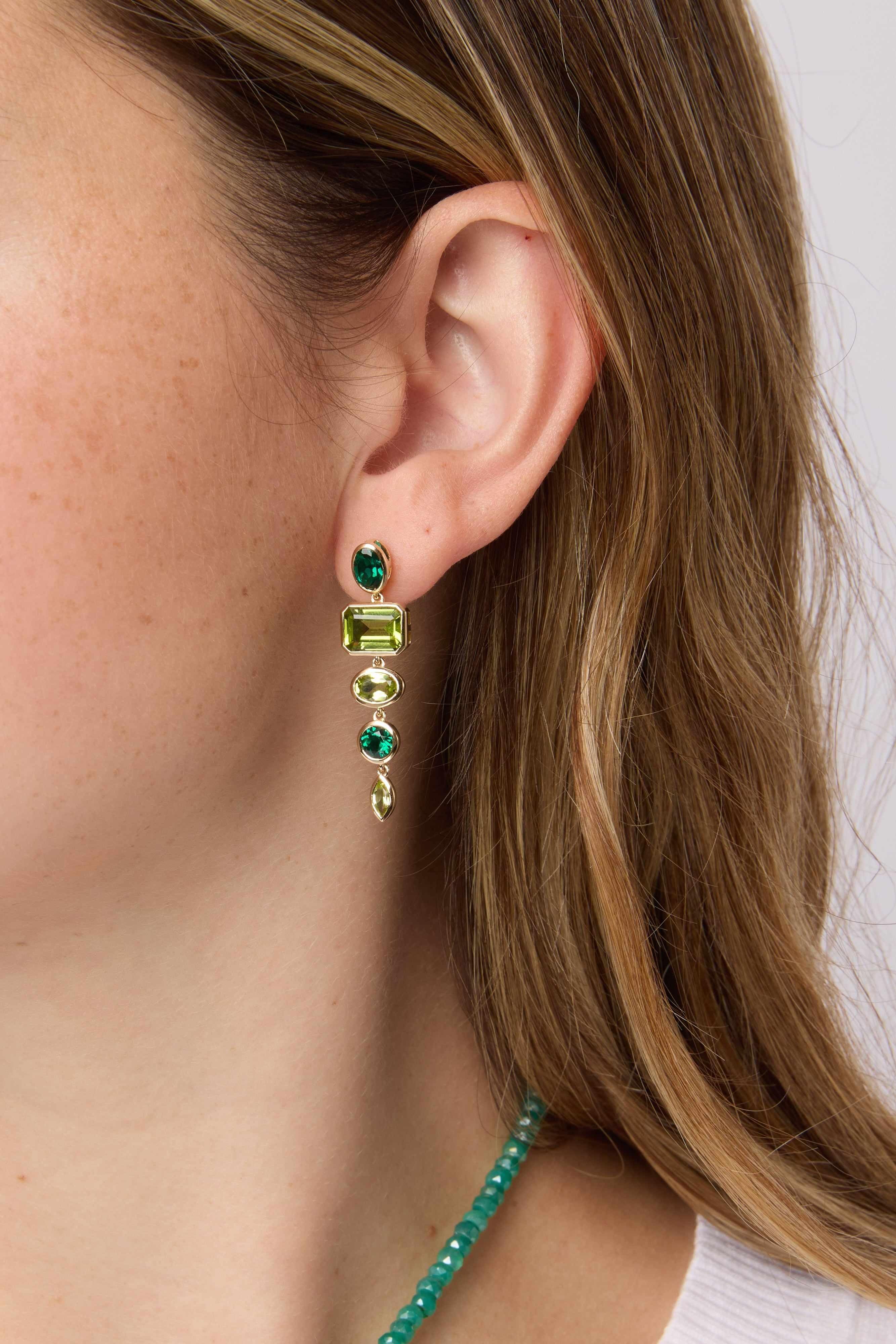 14KY Bezel Set Peridot and Emerald Earrings