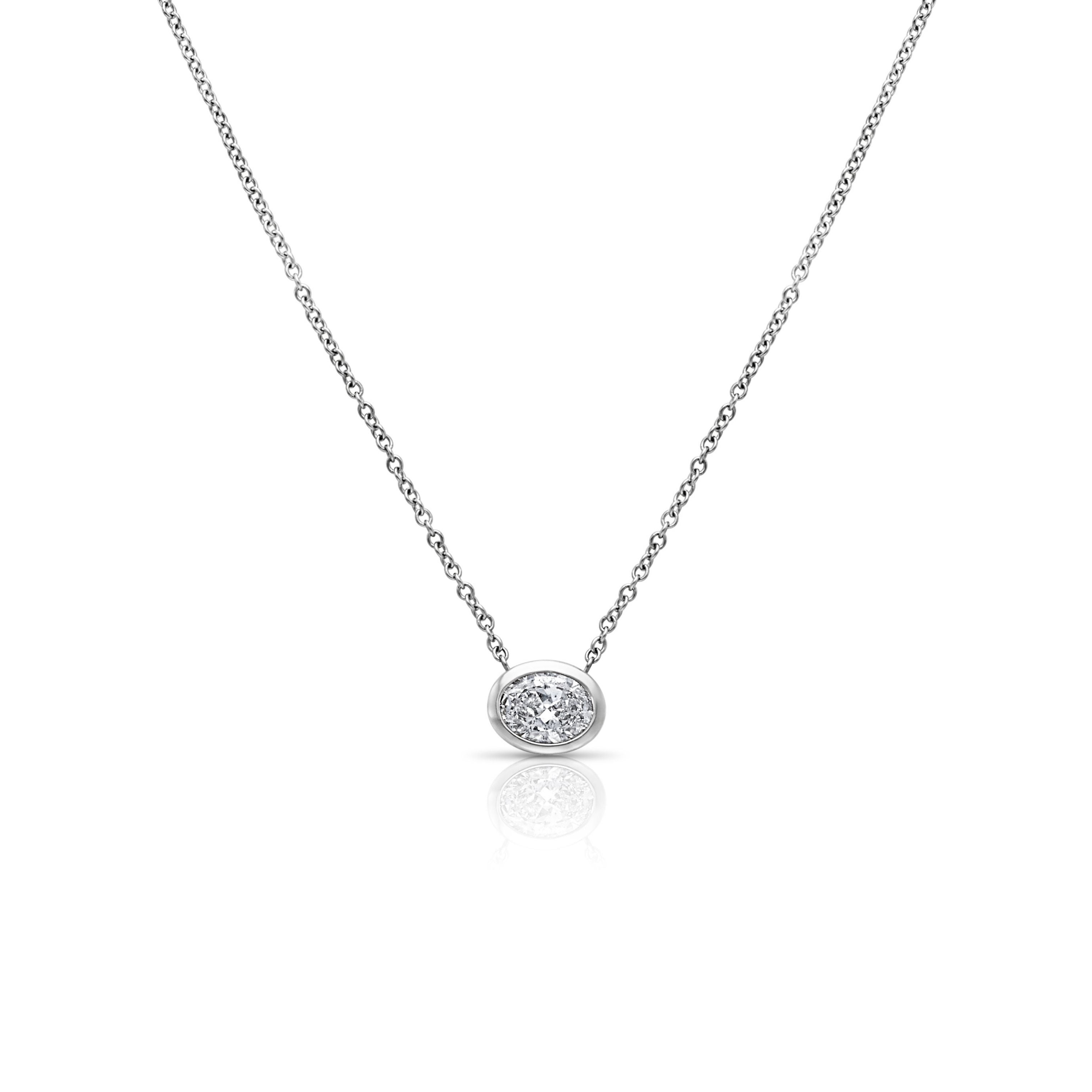 18KW Oval Horizontal Diamond Bezel Pendant
