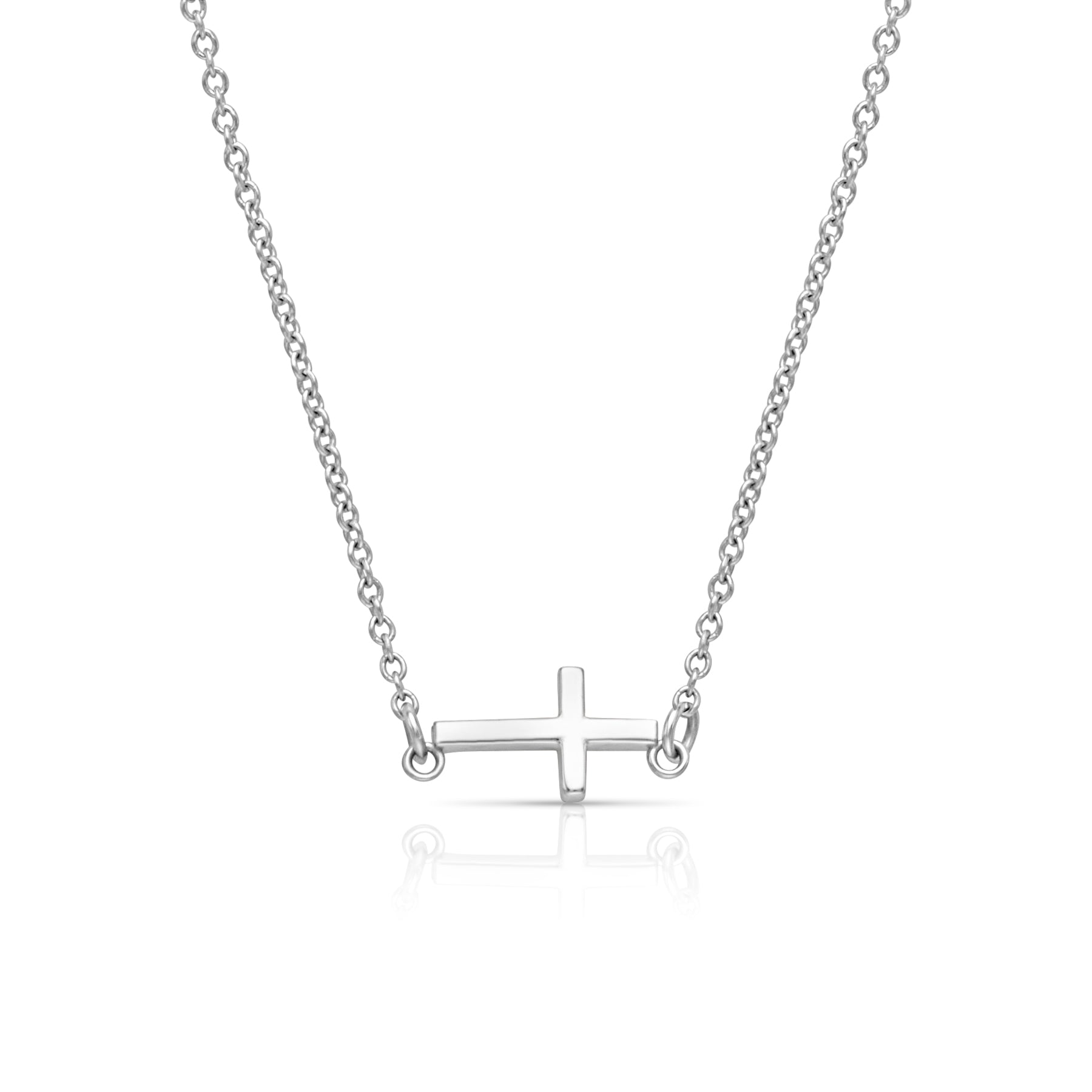14KW Rhodium Sideways Cross Necklace