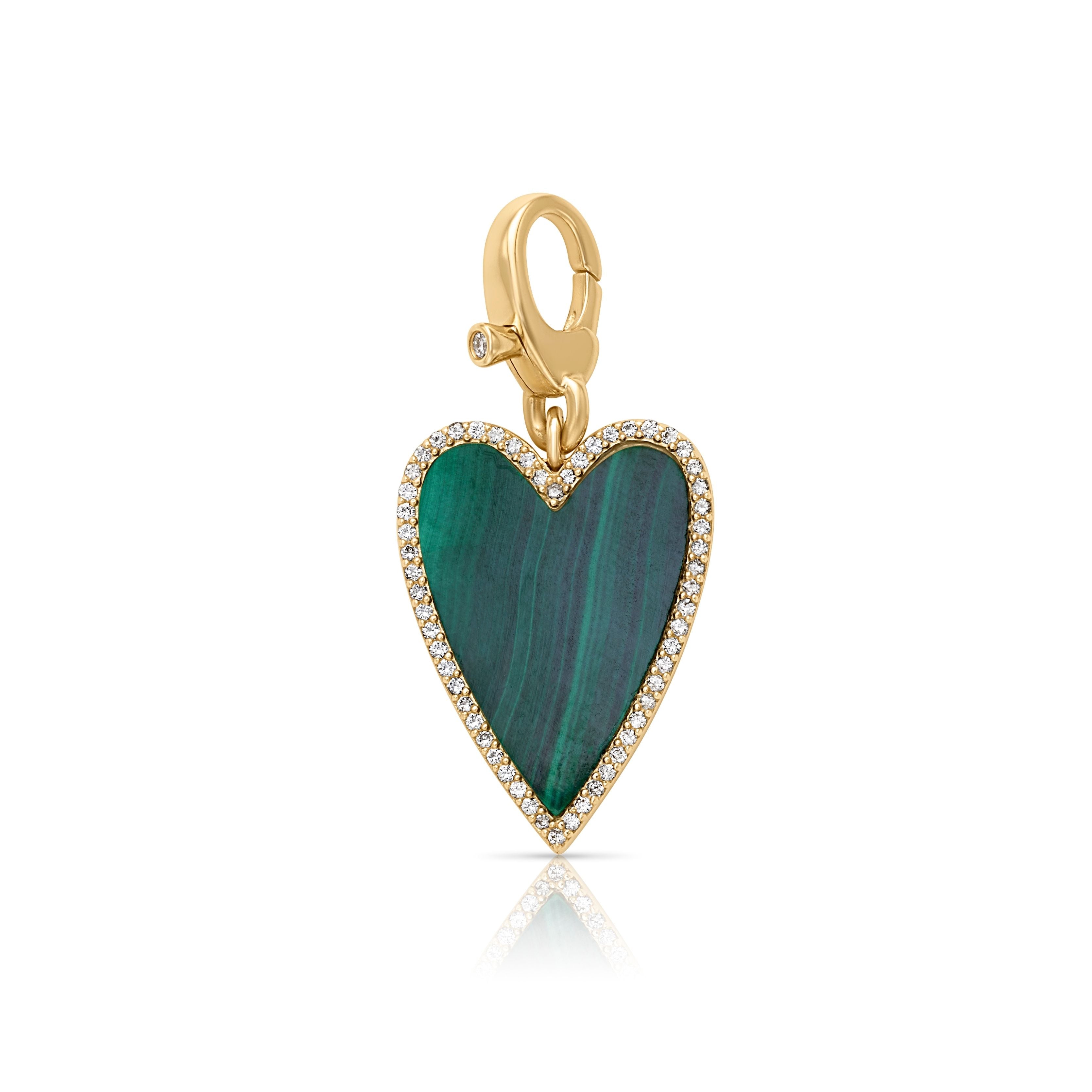 14KY Large Diamond Malachite Heart with Clip