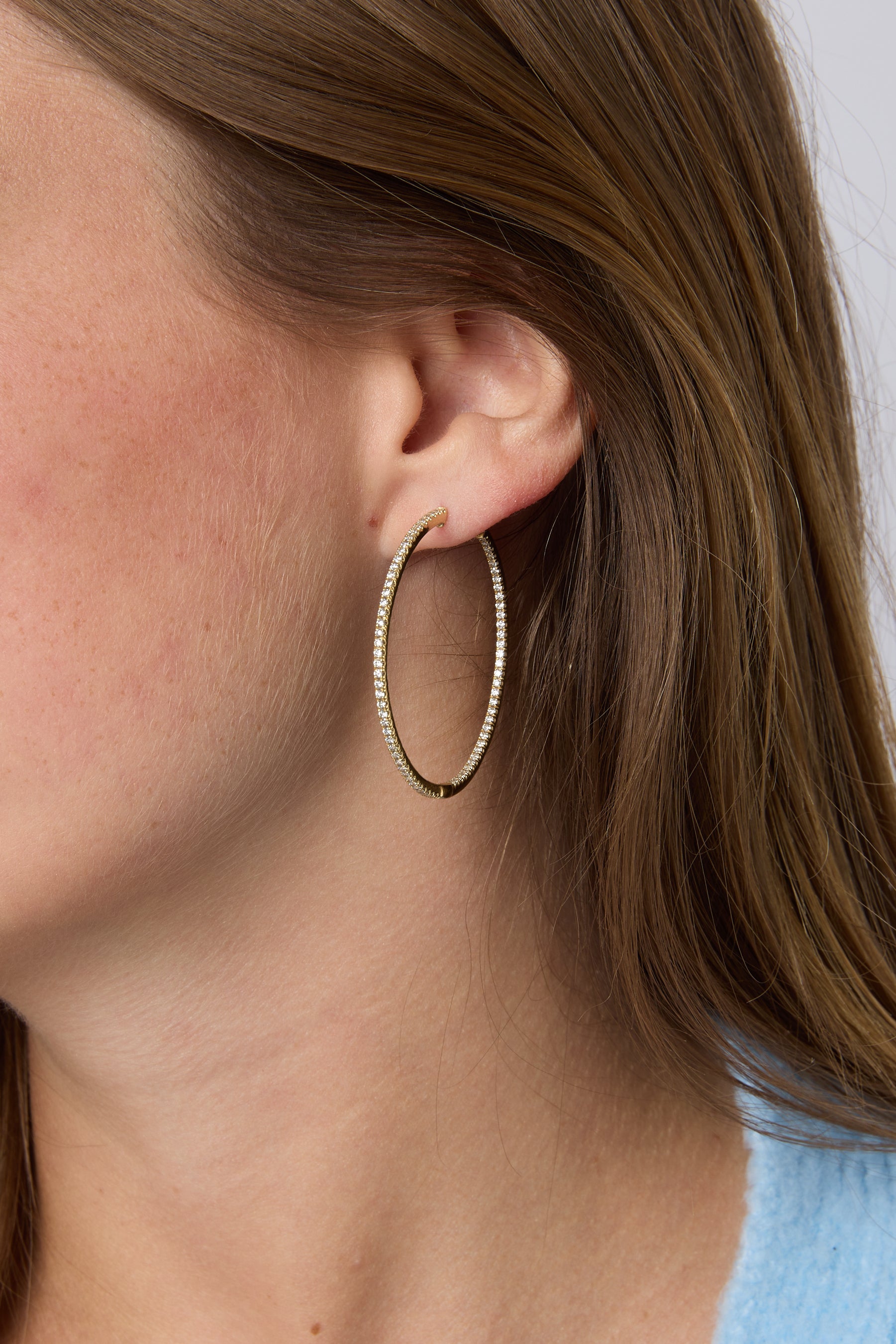 14K Yellow Gold French Pavé 40mm Round Inside Out Diamond Hoop Earrings