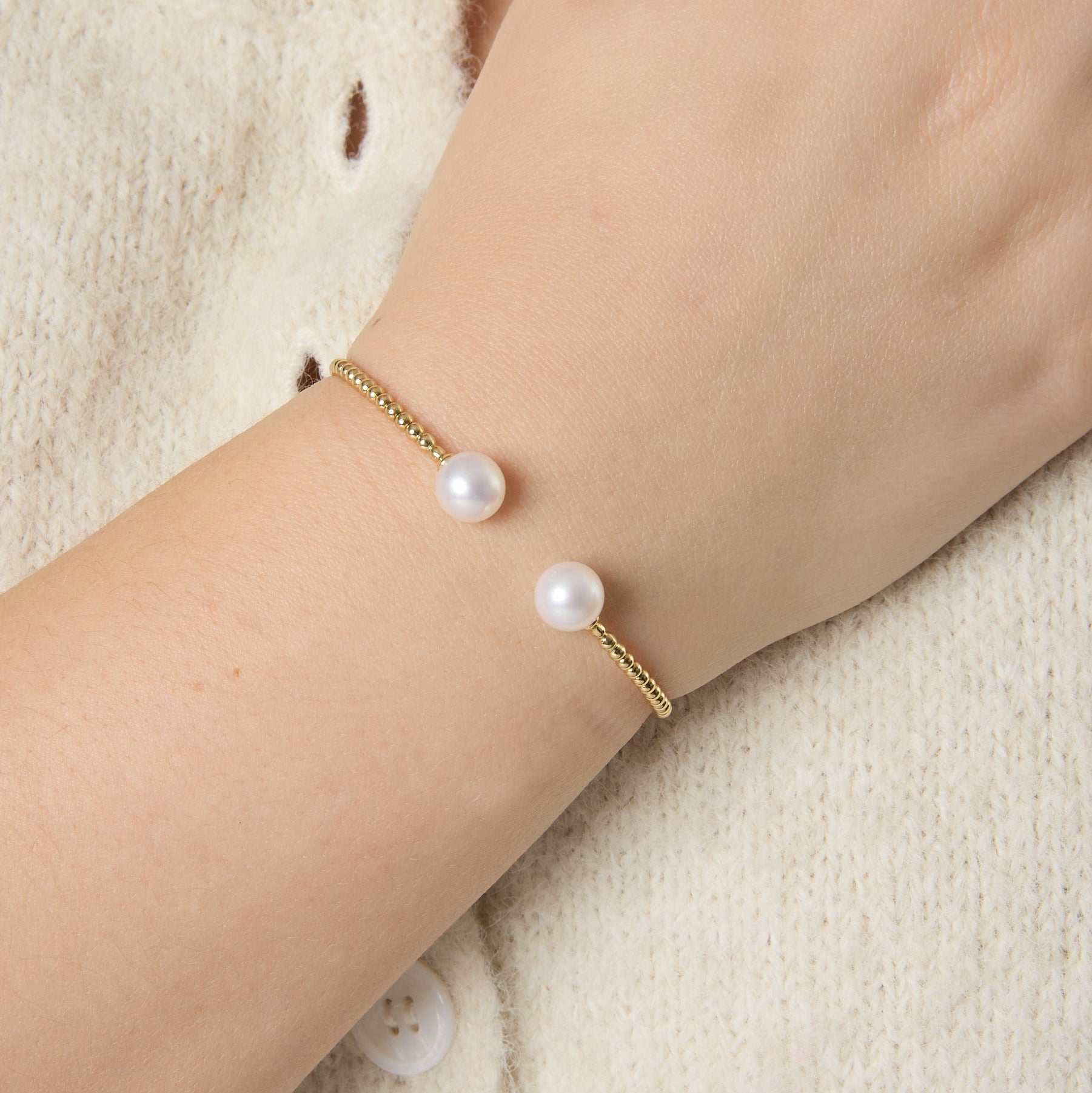 14KY Bujukan Bead Split Cuff Bracelet With Cultured Pearls