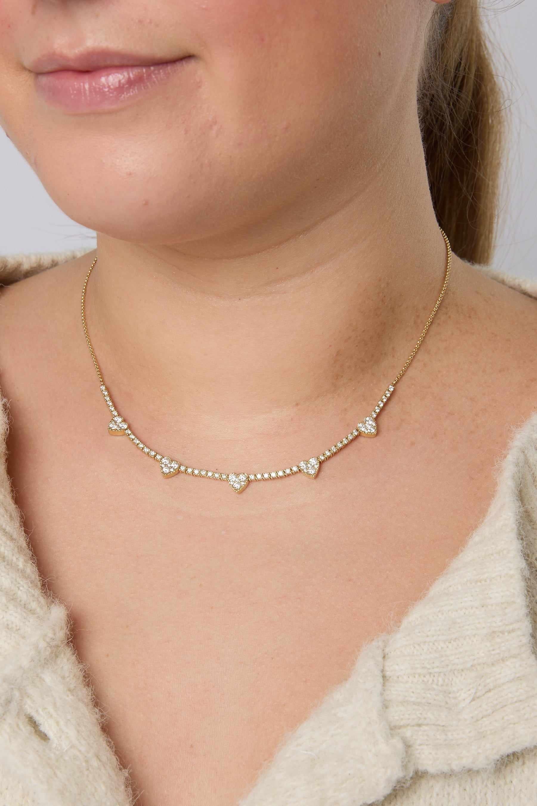 14KY 5 Station Heart Diamond Necklace