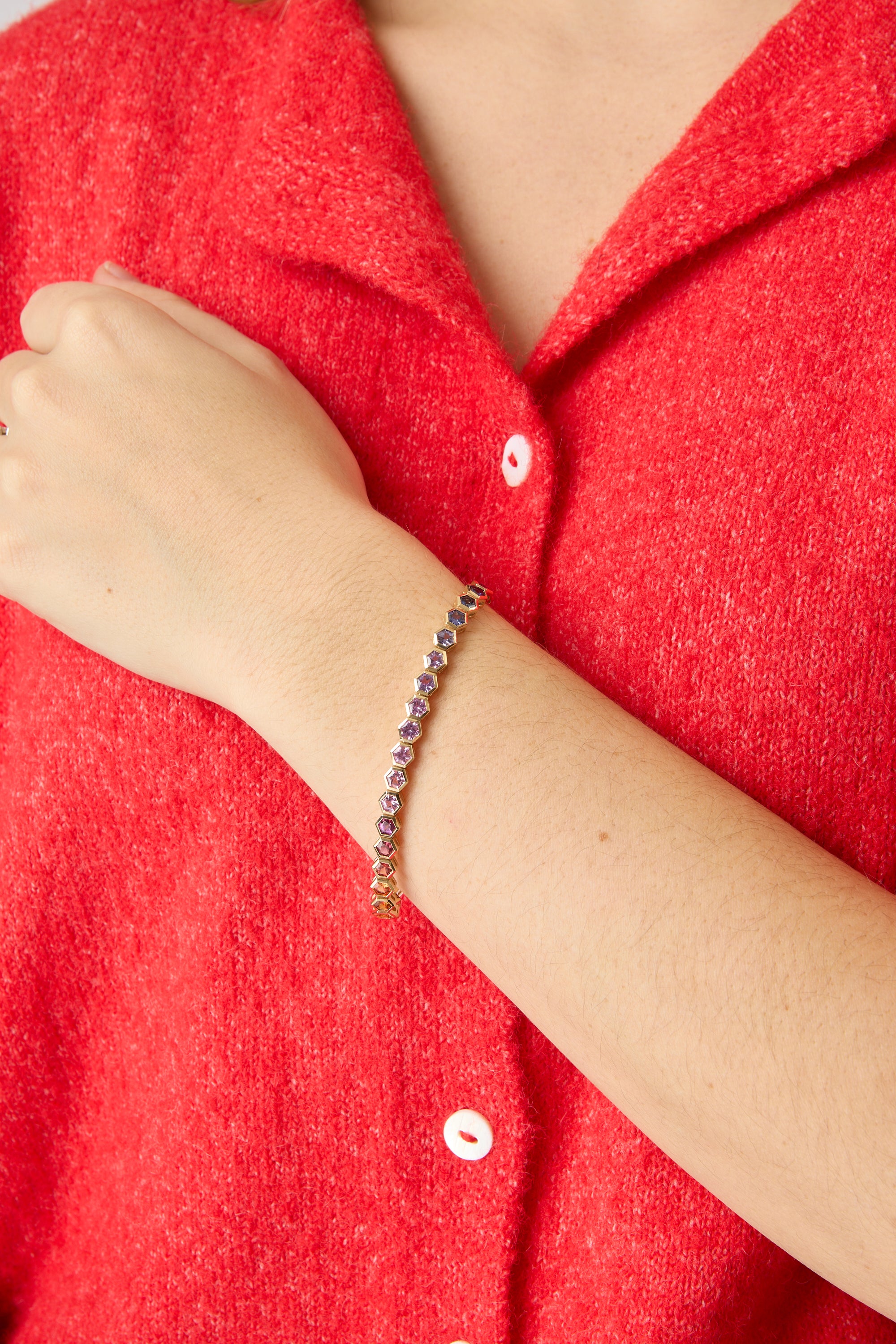 14KY Hexagon Rainbow Sapphire Tennis Bracelet