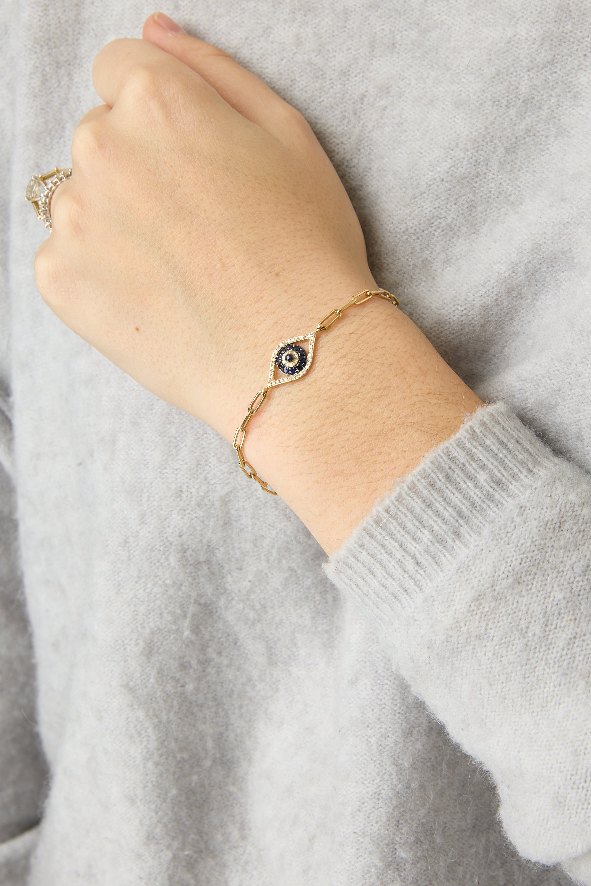 14KY Blue Sapphire Evil Eye Paperclip Bracelet