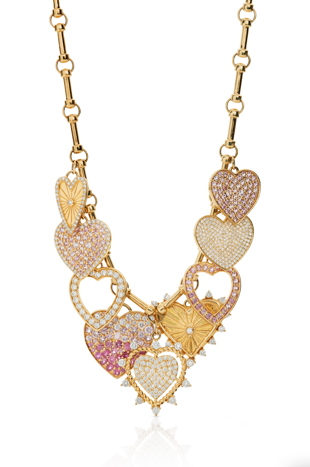 14KY Large  Pink Sapphire Multi Heart Necklace