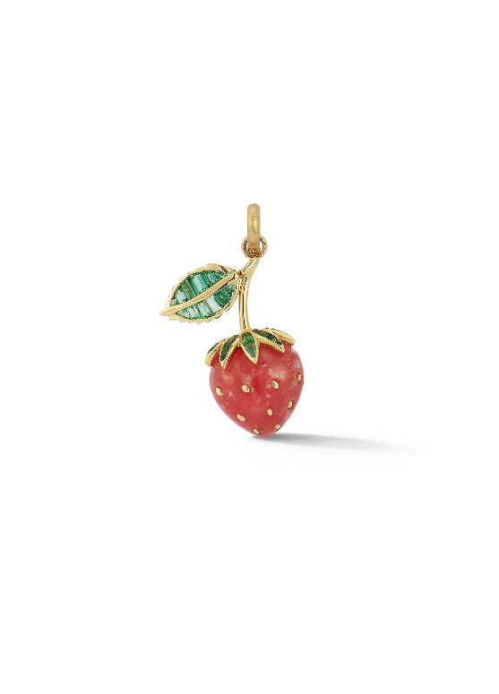 14K Gold Emerald & Rhodochrosite Sweet Strawberry Charm