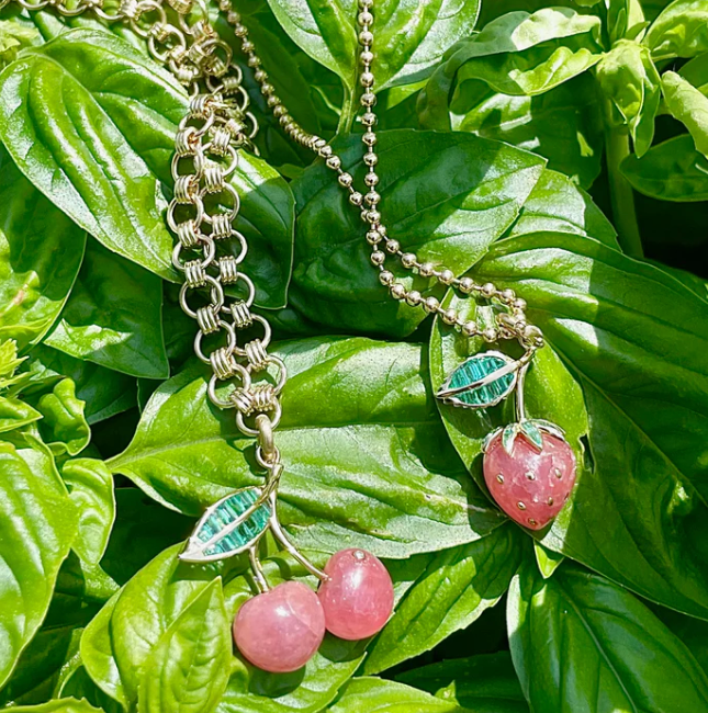 14K Gold Emerald & Rhodochrosite Sweet Strawberry Charm