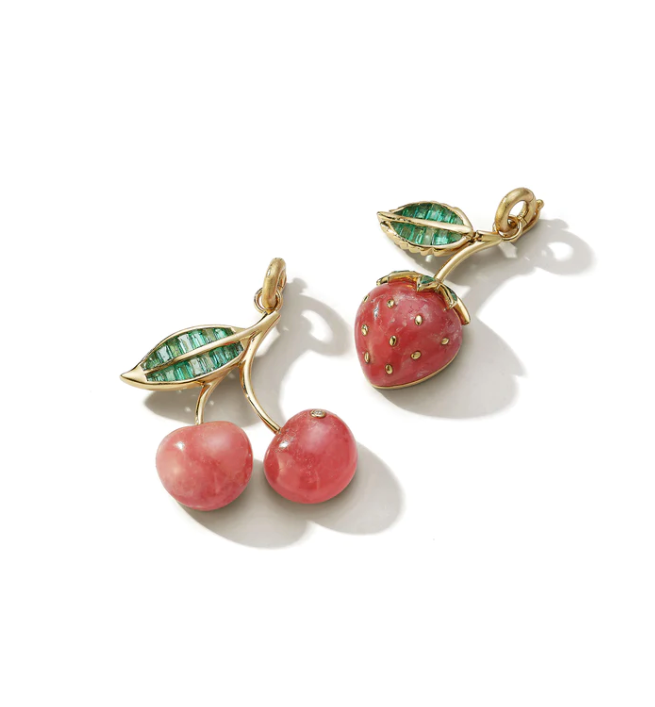 14K Gold Emerald & Rhodochrosite Sweet Strawberry Charm