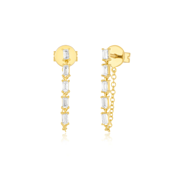 14KY Multi Diamond Baguette Chain Stud Earrings