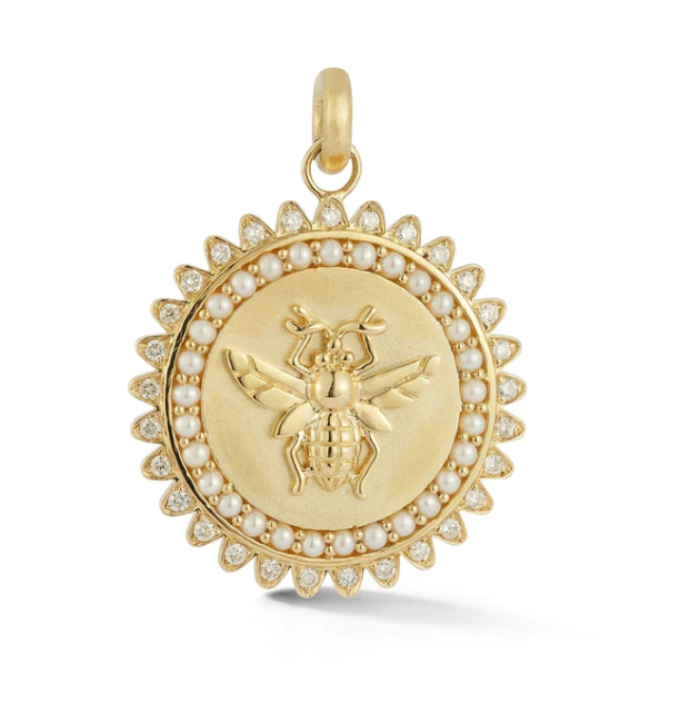 14KY Pearl and Diamond Minnie Bee Medallion