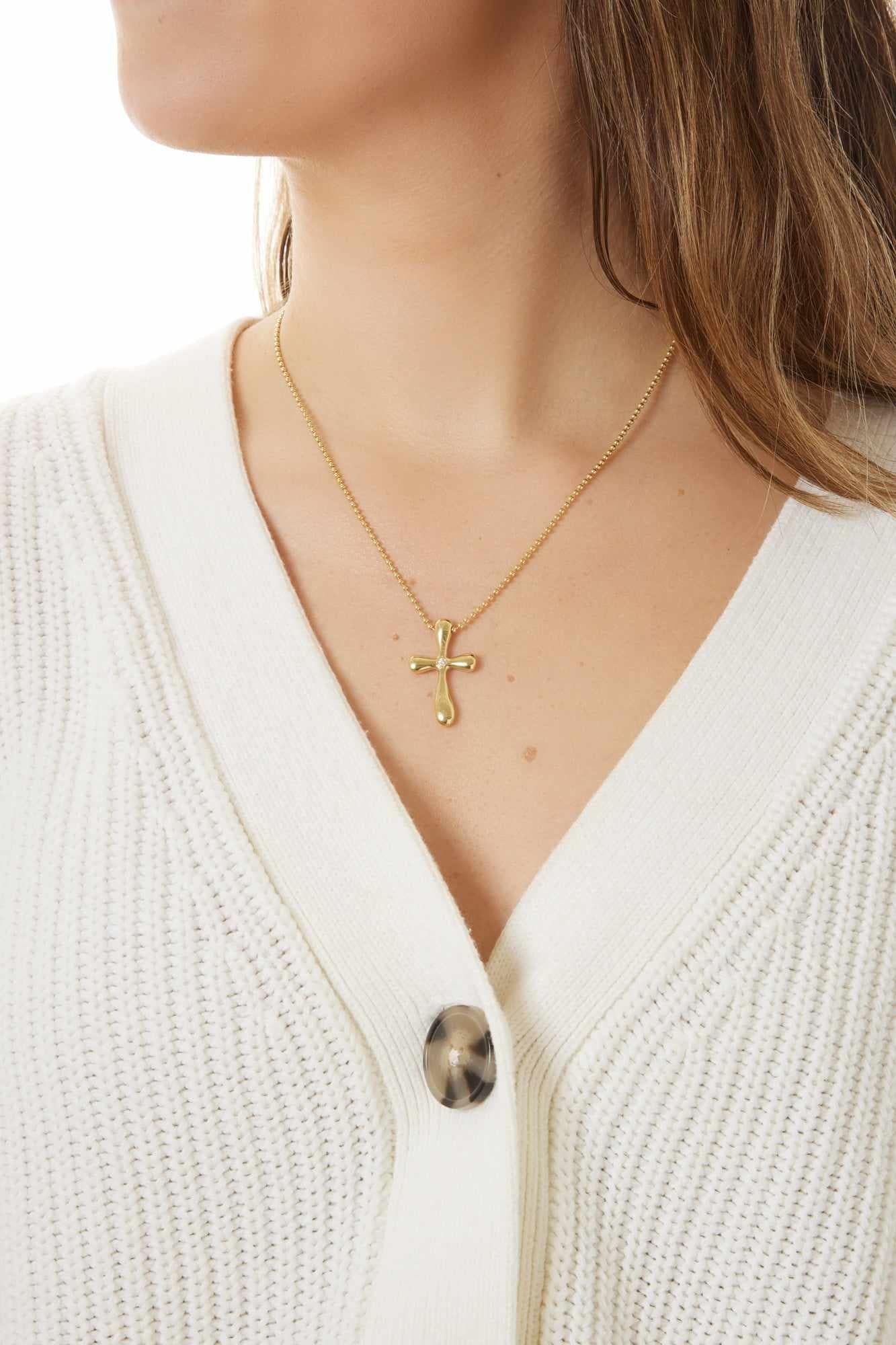 18KY Large Joie Cross on 1.8mm Beaded Chain Necklace