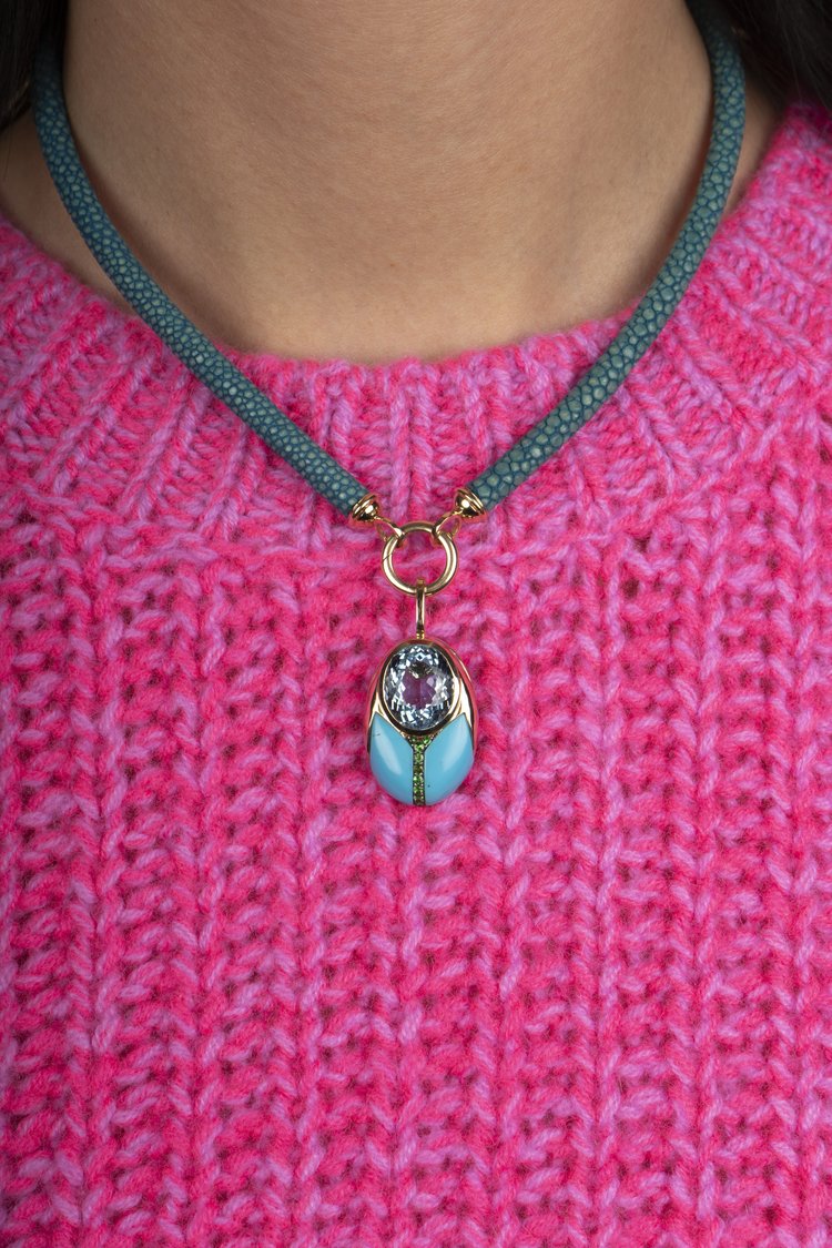 14KY Big Love Bug Pendant in Blue Topaz, Turquoise, and Tsavorite