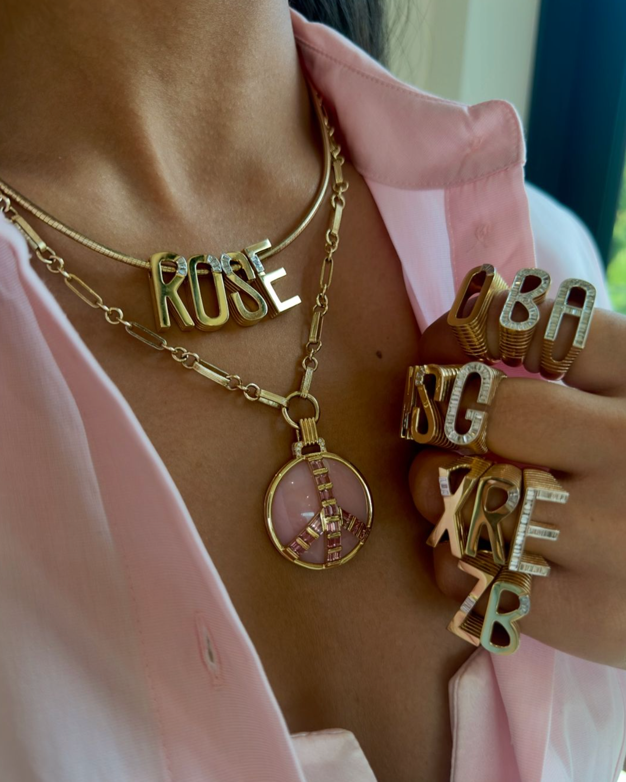 14KY Midsize Peace Pendant in Pink Opal and Pink Tourmaline