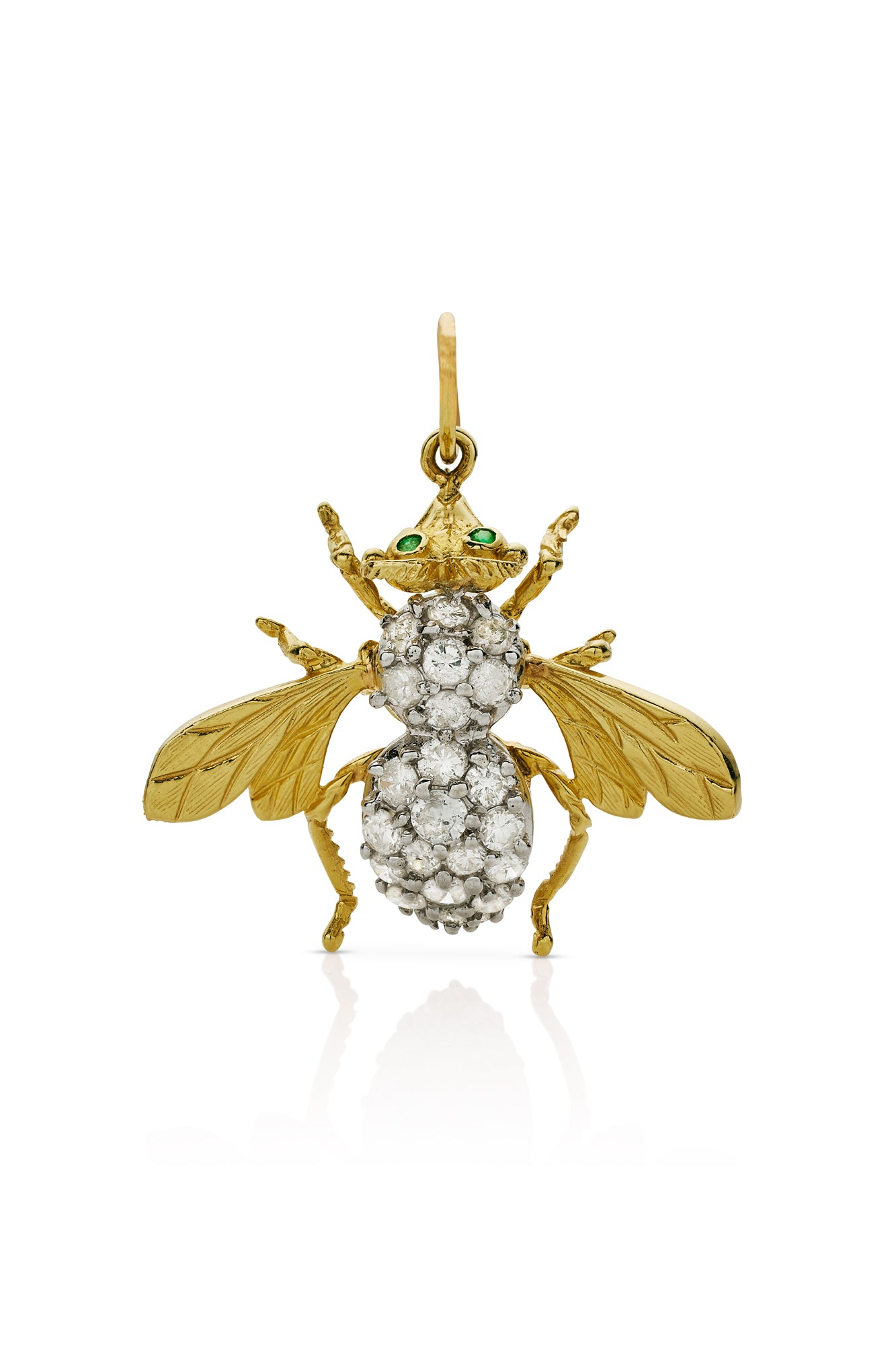 18KY Vintage Diamond Bee Charm With Emerald Eyes