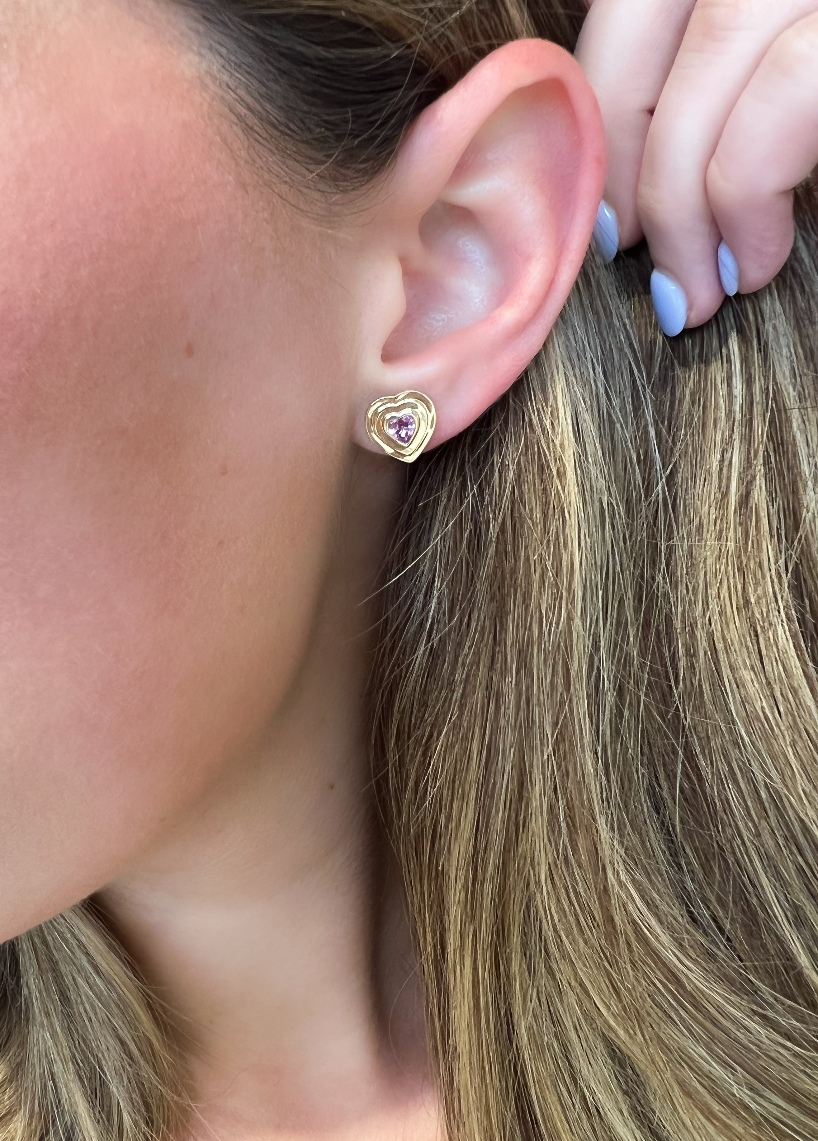 14KY Gold Bezel Pink Sapphire Heart Stud Earring